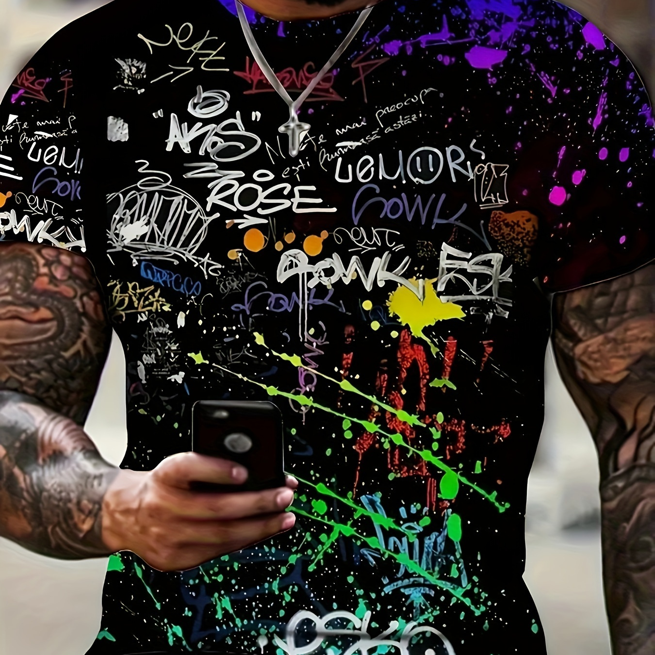 

Men's 3d Graffiti Print T-shirt - Vibrant Street , Casual Short Sleeve Summer Tee, Black Polyester , Machine Washable, Round Neck, Regular Fit For Outdoor Activities