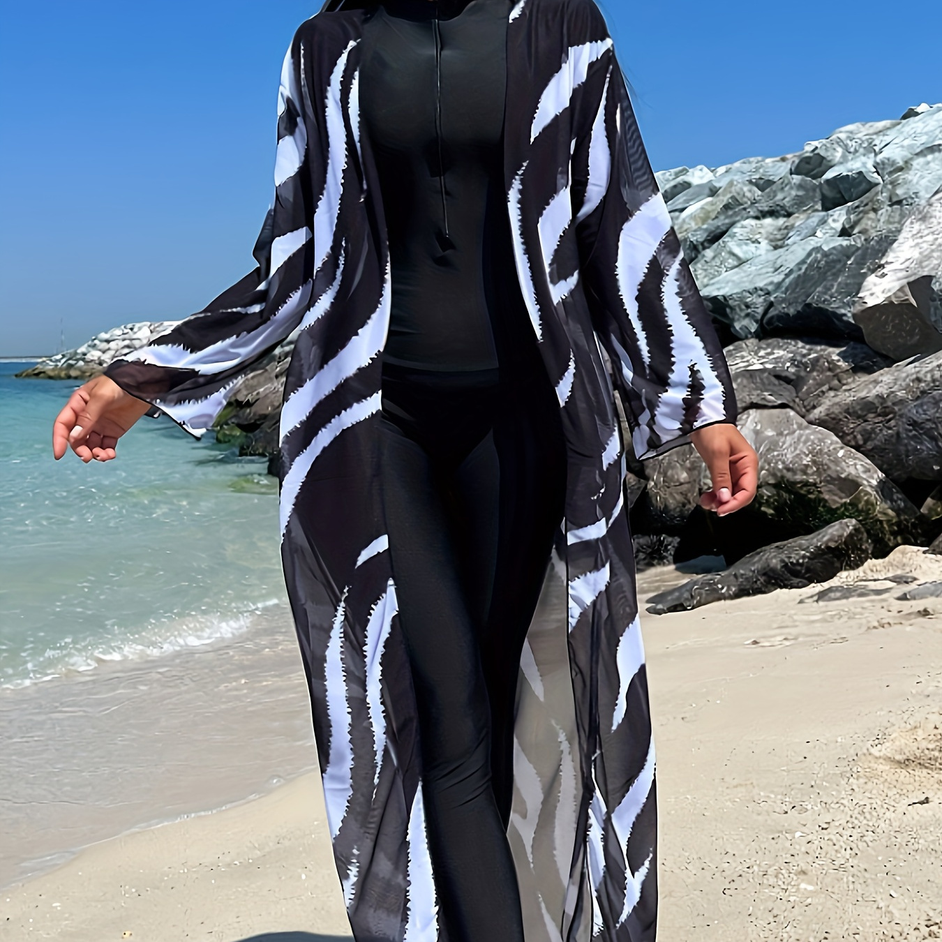 

Zebra Striped Print Cover Up, V Neck Long Sleeves Semi-sheer Beach Kimono, Women's Swimwear & Clothing For Holiday