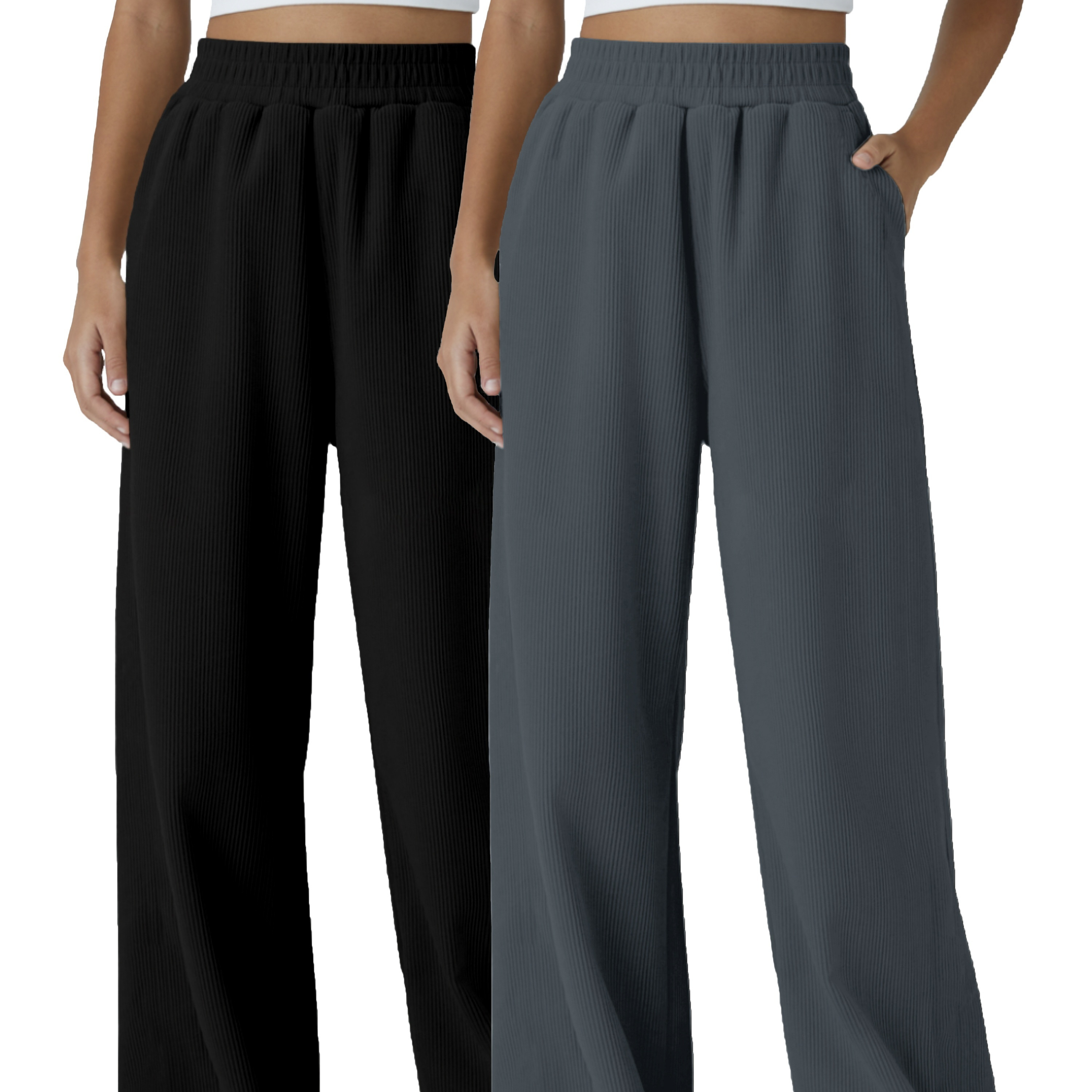 

2-Pack de pantalons droits décontractés en polyester tricoté pour femmes avec taille élastique et poches, tissu non extensible de couleur unie toutes , pantalons de sport et de jogging pour adultes