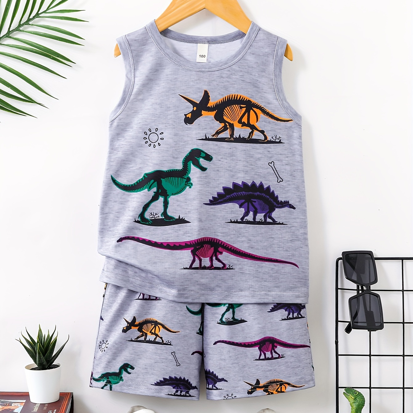 TEMU 2pcs Stylish Dinosaur Print Boys Creative Sleeveless Tank Tops&shorts Set, Casual Vest&shorts, Boys Clothing