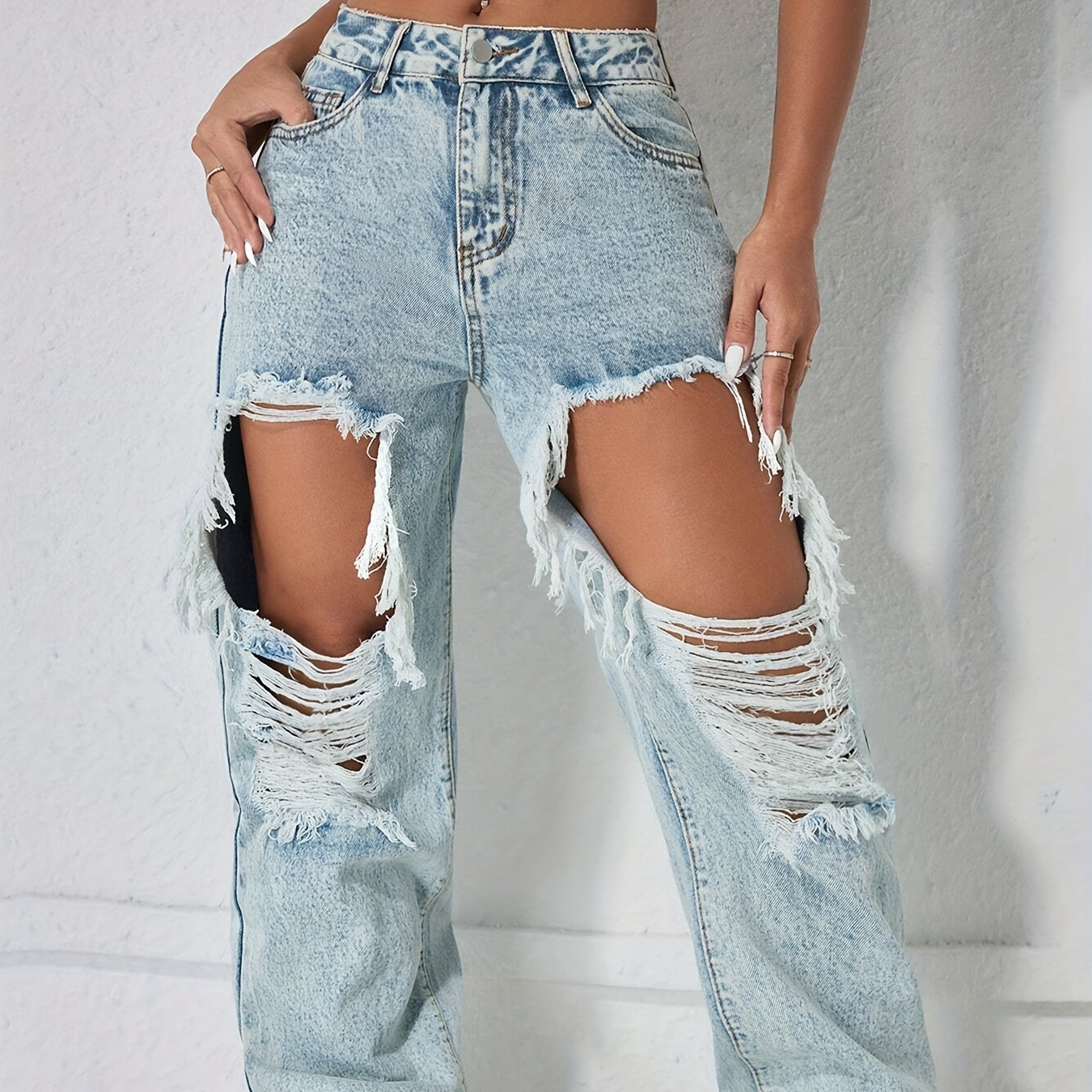 

Vintage-inspired Distressed Blue Wide-leg Jeans For Women - High-waisted, Ripped Detail, Non-stretch Denim In Light Blue, Machine Washable