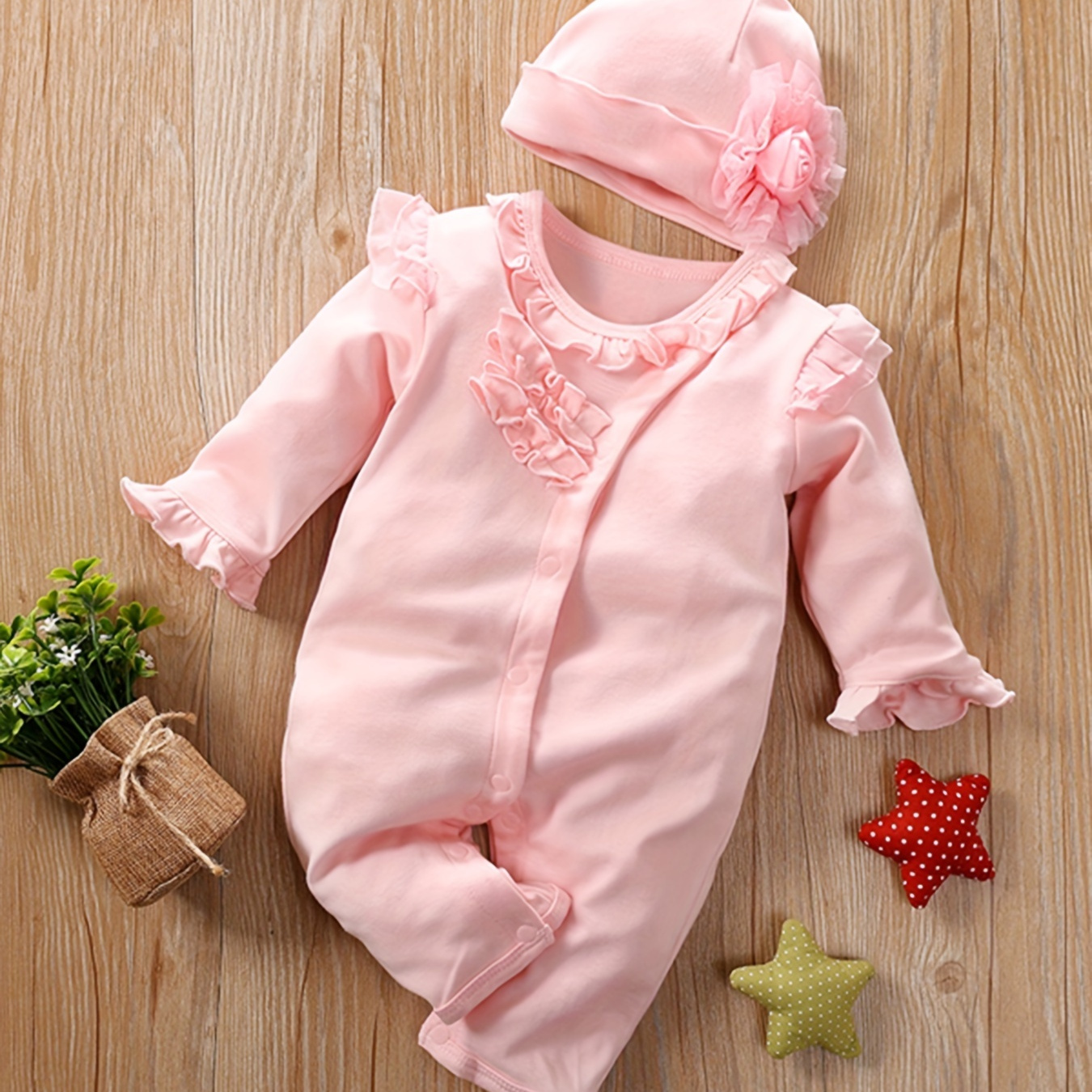 

100% Cotton 2pcs Solid Ruffle And Lace Decor Long Sleeve Baby Set