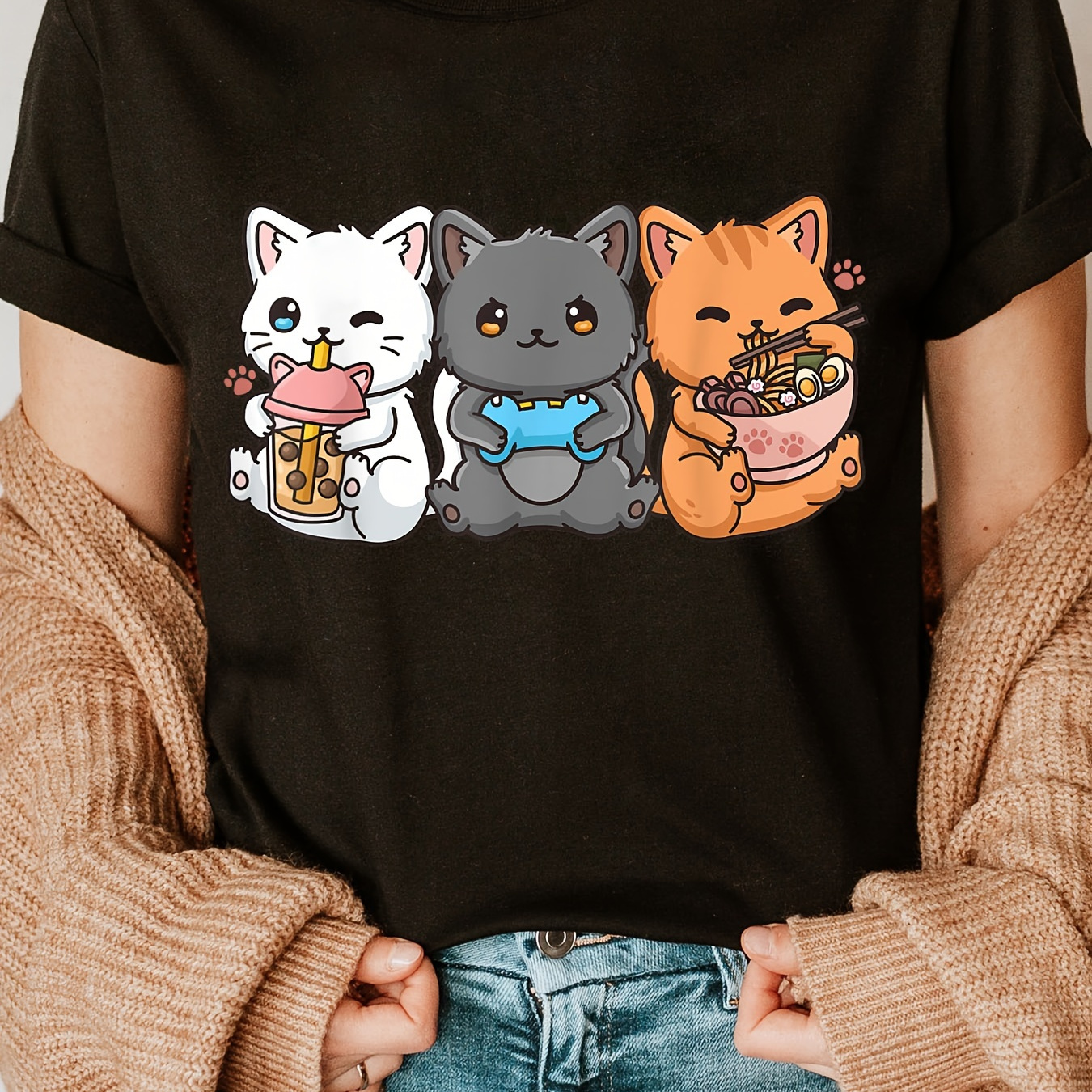 

Cat Print Crew Neck T-shirt, Short Sleeve Casual Top For Summer & Spring, Women's Clothing