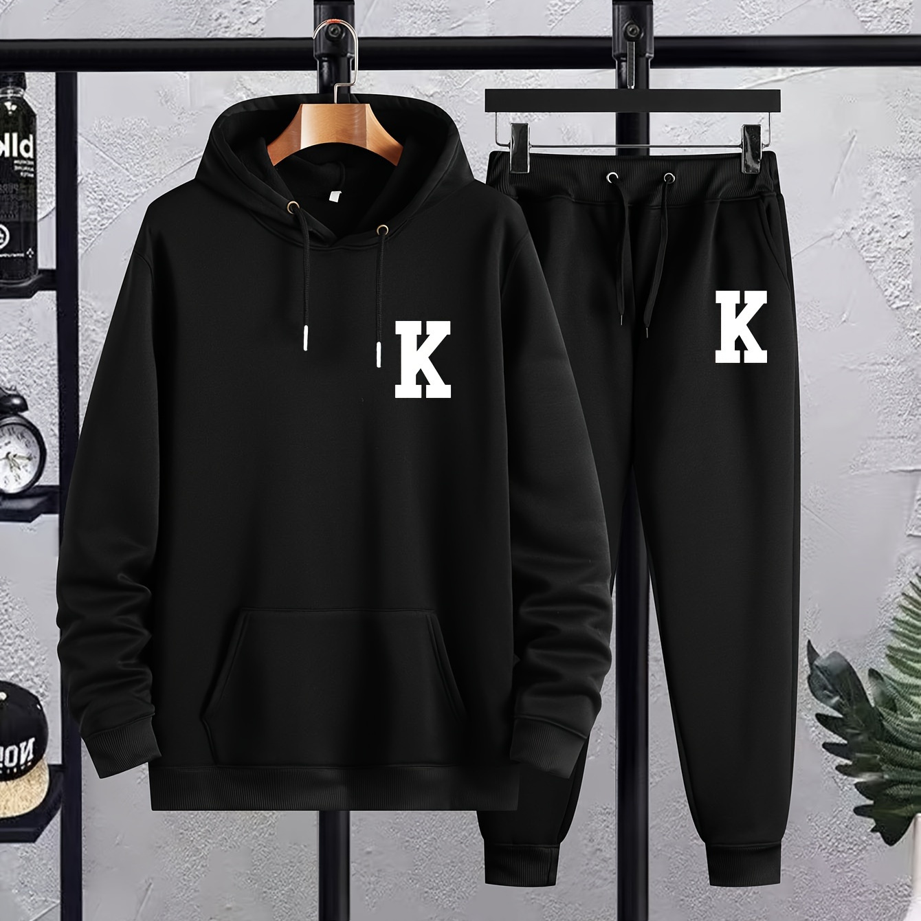 

Plus Size Men's Letter "k" Print Hooded Sweatshirt Set For Spring Fall, 2pcs Outdoor Sports Outfits