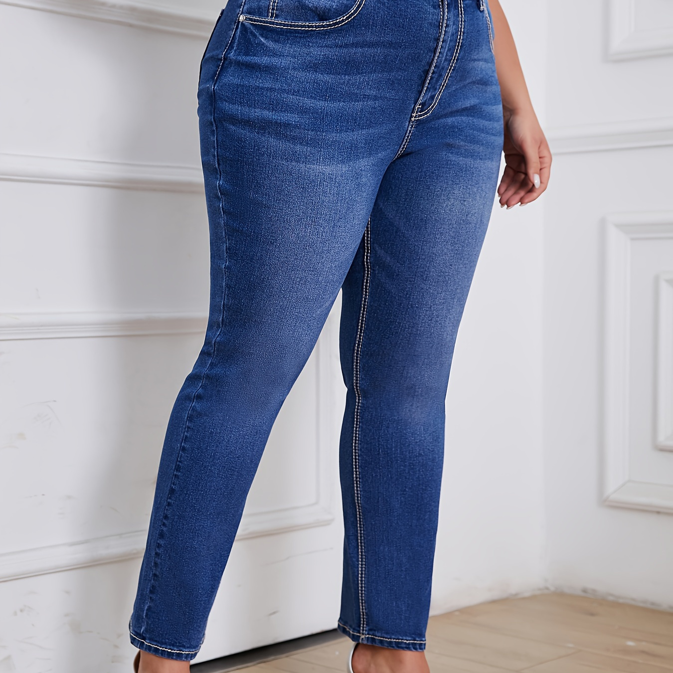 

Jean vintage taille plus - longueur longue, couleur unie, étirage moyen, pantalon droit décontracté pour toutes les
