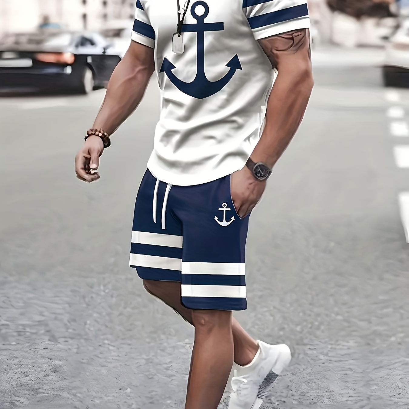 

Plus Size Men'outfit, Color Matching Anchor Pattern Casual Crew Neck Short Sleeve T-shirt & Drawstring Shorts 2-piece Set For Summer Outdoor Activities