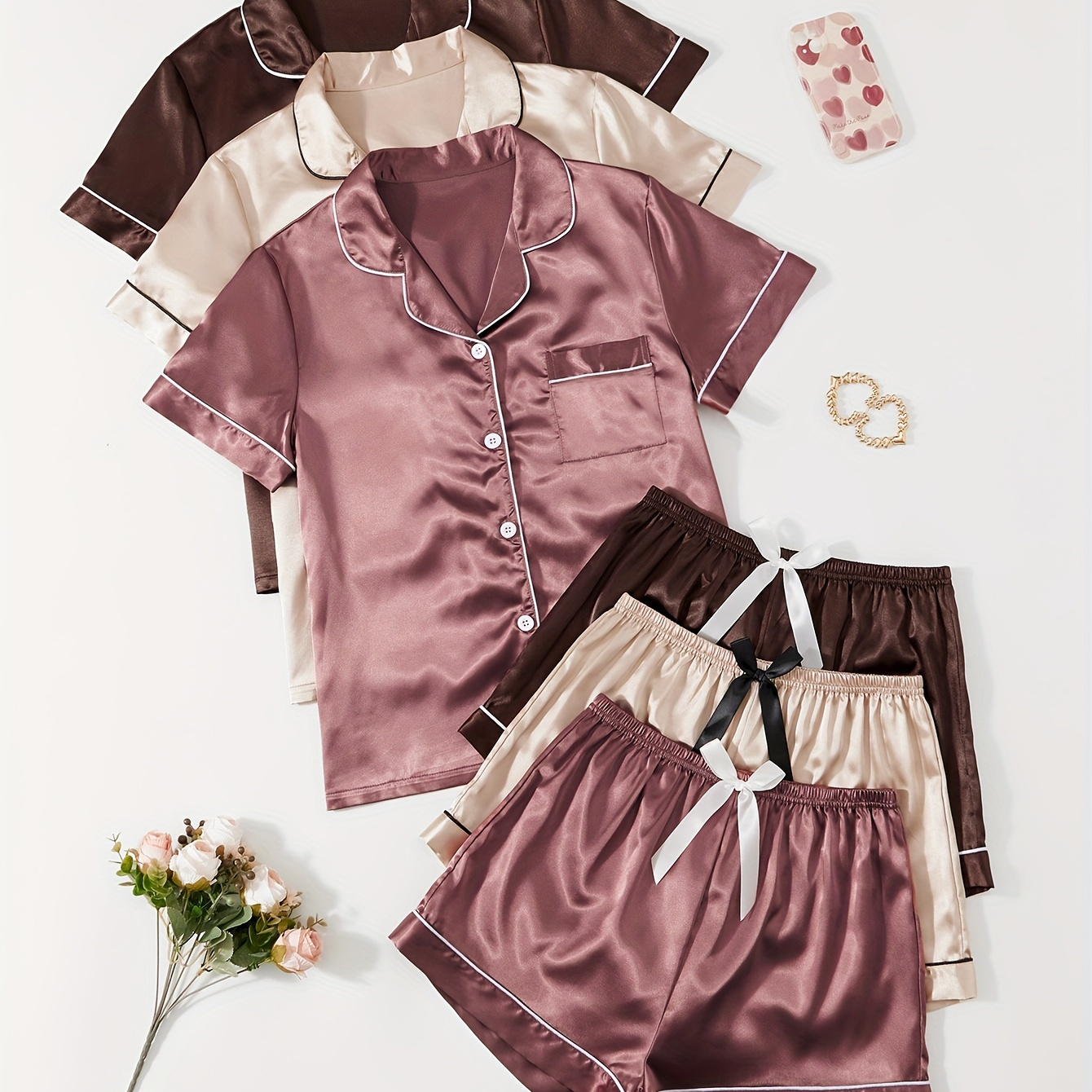 

3 Sets Women's Casual Solid Satin Pajama Set, Short Sleeve Buttons Lapel Top & Shorts, Comfortable Relaxed Fit, Summer Nightwear