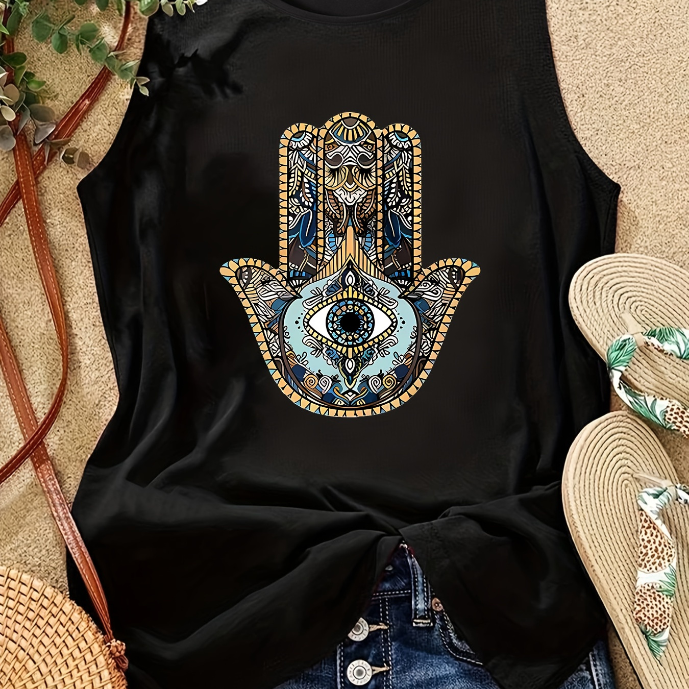 

Tribal Eye & Palm Print Fashion Vest Top, Round Neck Sleeveless Sporty Vest T-shirt, Women's Activewear