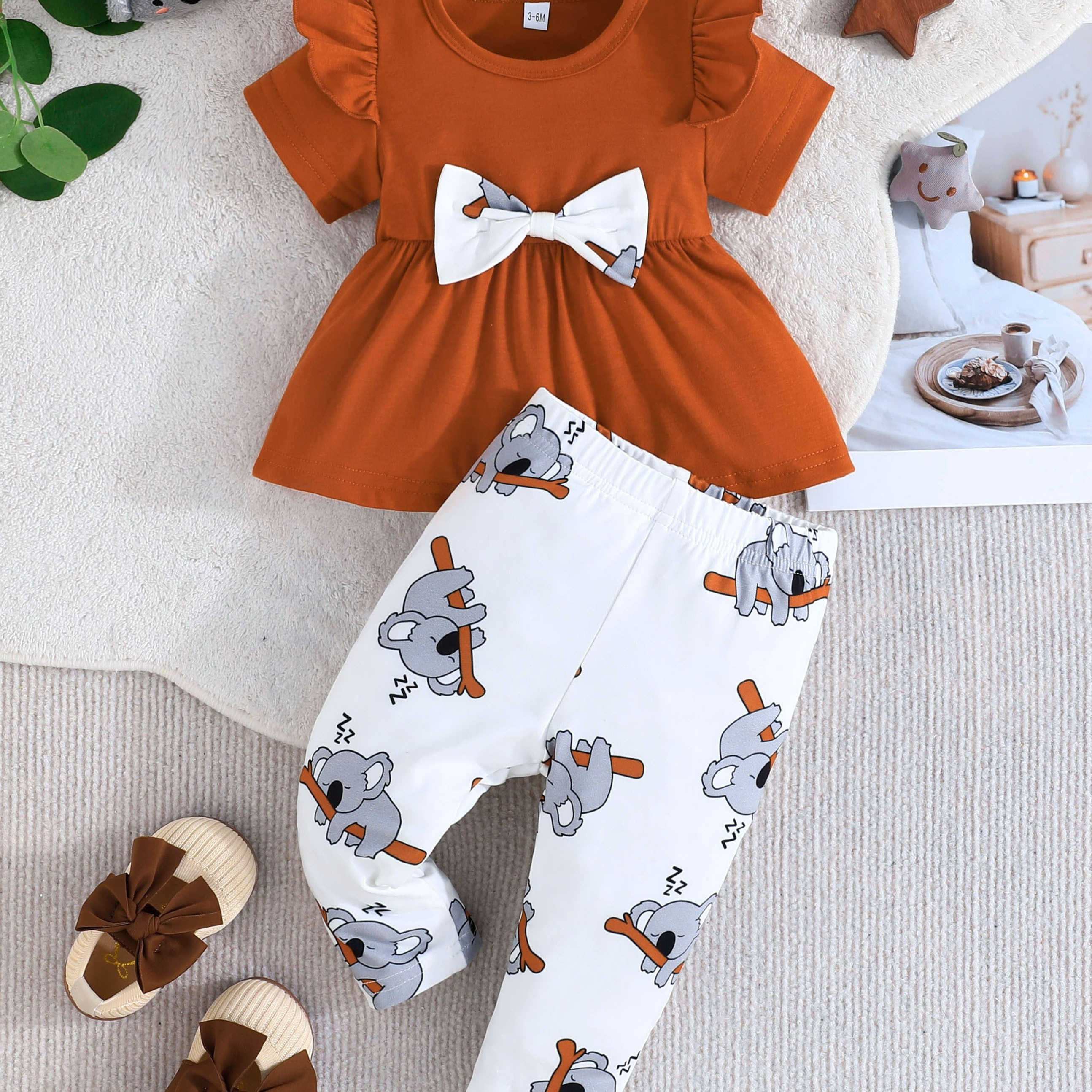 

Baby's Cartoon Koala Print 2pcs Casual Outfit, Short Sleeve Peplum Top & Pants Set, Toddler & Infant Girl's Clothes For Daily/holiday/party