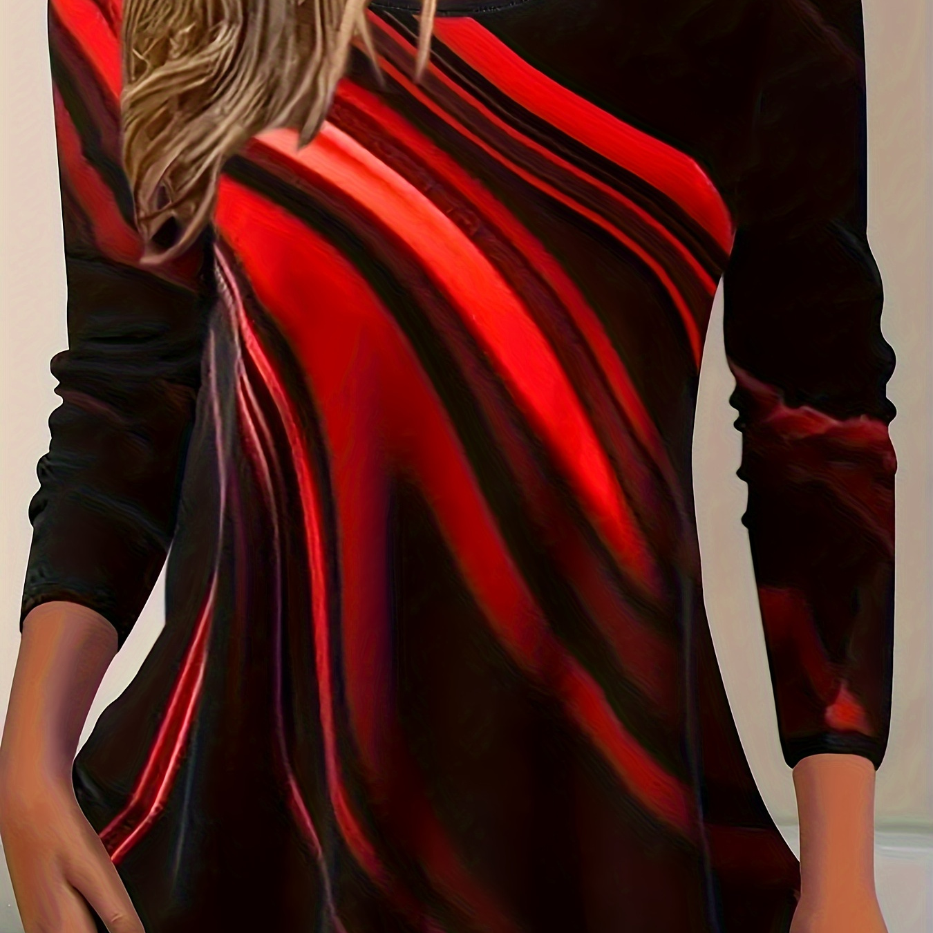 

Women's Casual Crew Neck T-shirt With Abstract Red Print - Polyester And Elastane , Knit Fabric, Regular Length For Spring/fall