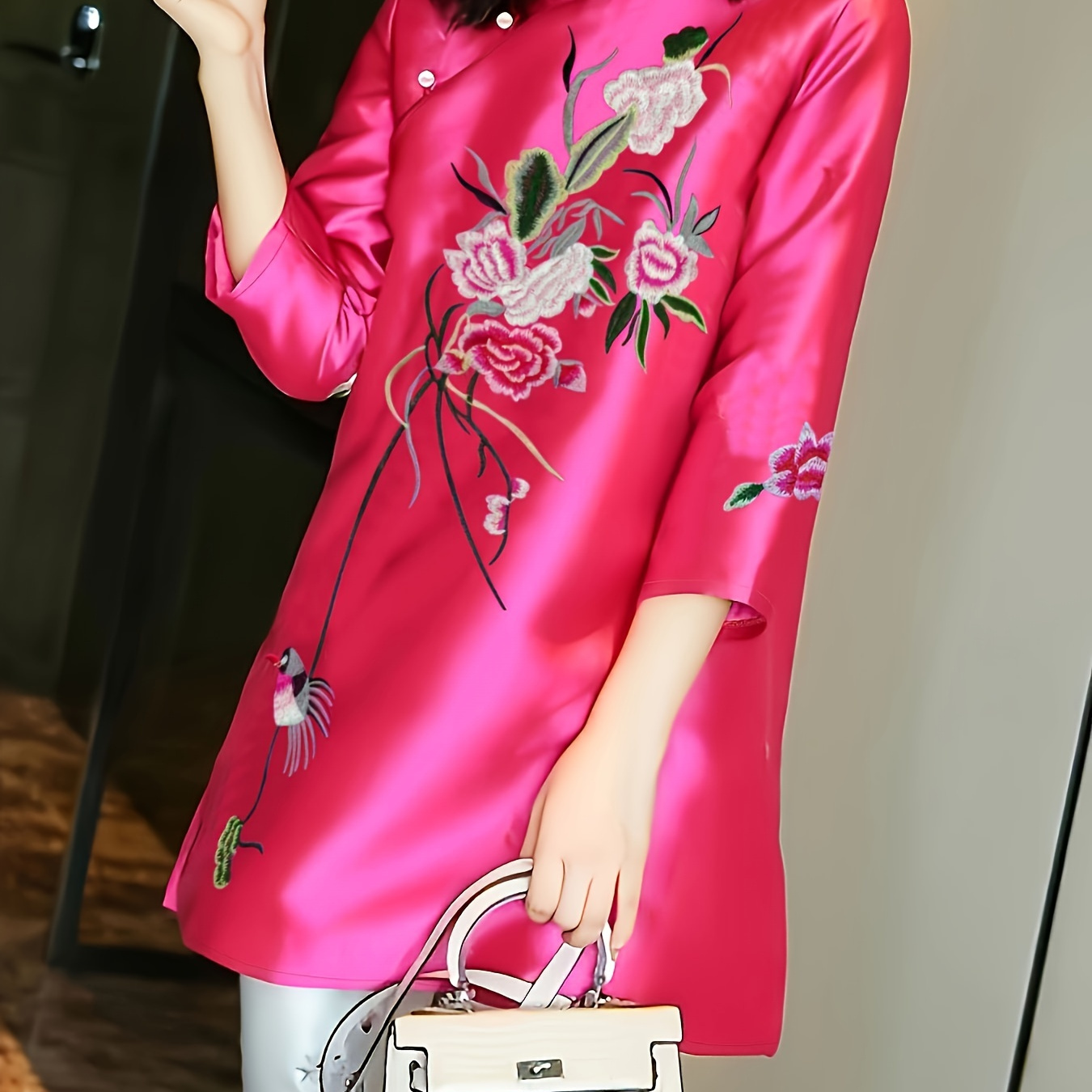 Blossom Embroidered Cheongsam Tang Suit, Mandarin Collar Long Sleeve Retro Top For Spring & Summer, Chinese Traditional Costume, Women's Clothing