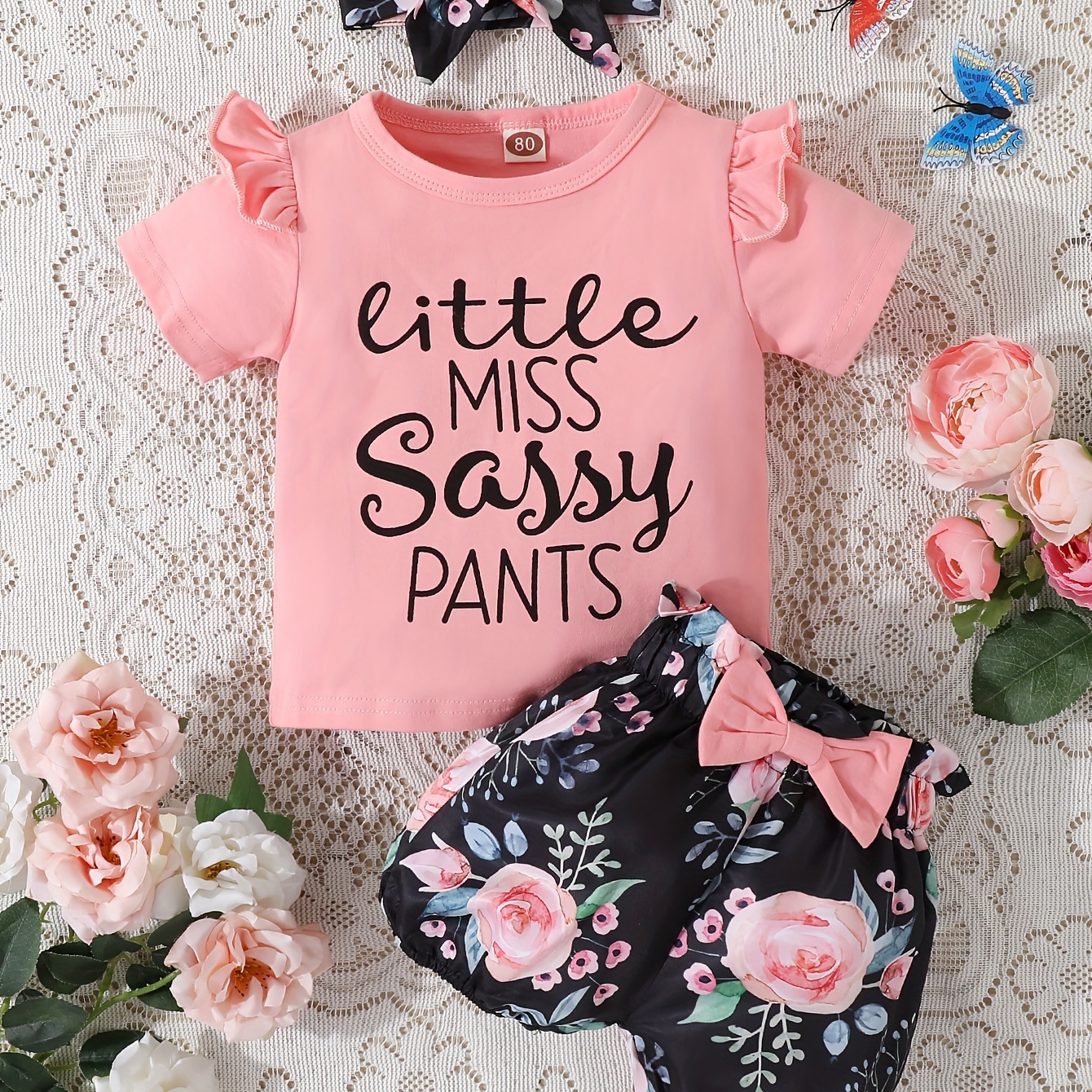 

2pcs Toddler's "little Miss Sassy Pants" Print Summer Outfit, T-shirt & Floral Pattern Shorts, Baby Girl's Clothes