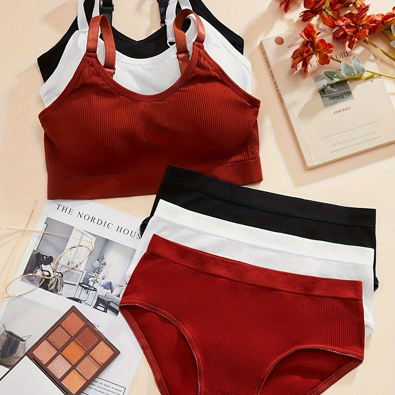 

6 Pcs Solid Ribbed Bra & Panties, Simple Sports Bra & Elastic Panty Lingerie Set, Women's Lingerie & Underwear