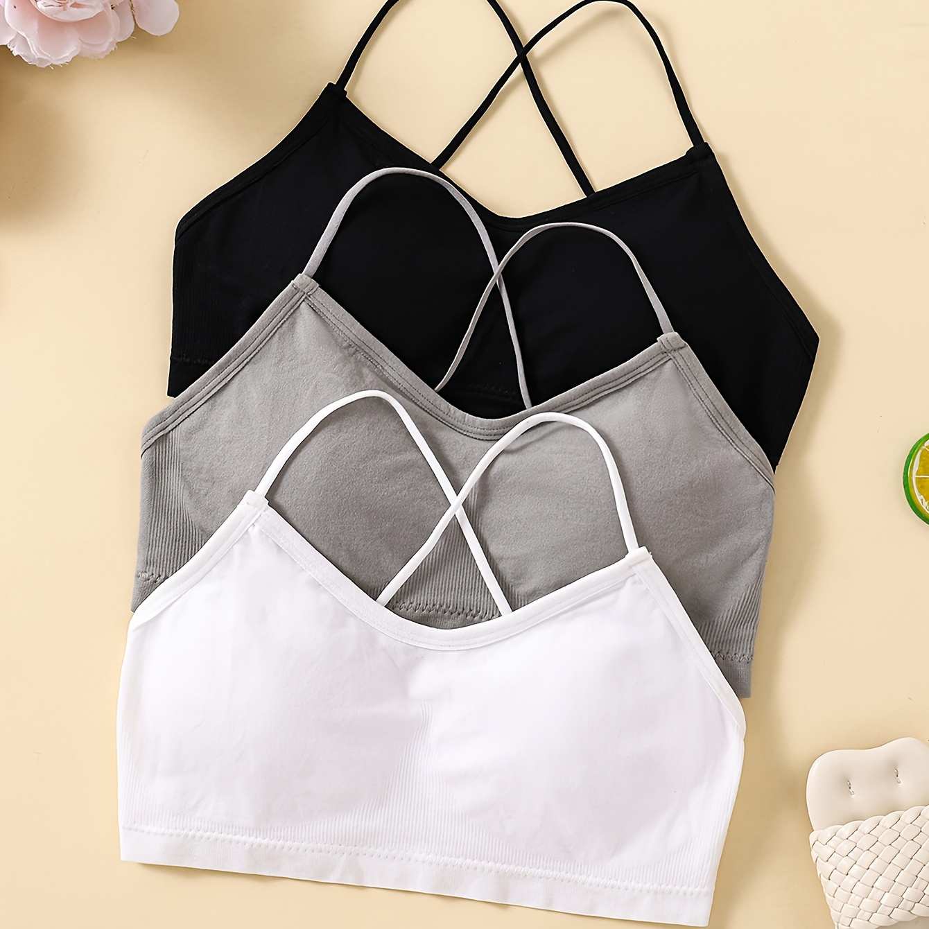 

3 Pcs Pop Girls Crisscross Back Bras, Undershirts, Ladies Sports Cotton Blend Tanks & Camisoles Suitable For 10-14 Years Old Girls