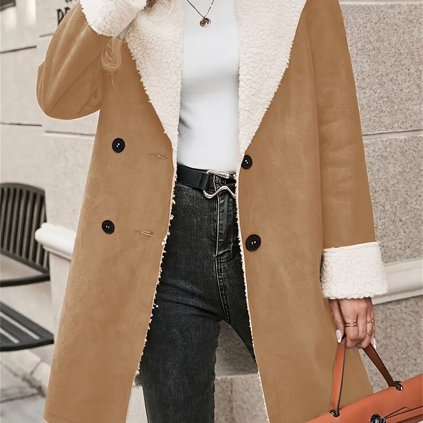 

1pc Women's Casual Polyester Winter Coat With Shearling Trim, Solid Color, Knitted Fabric, Notched Collar, And Button Detail