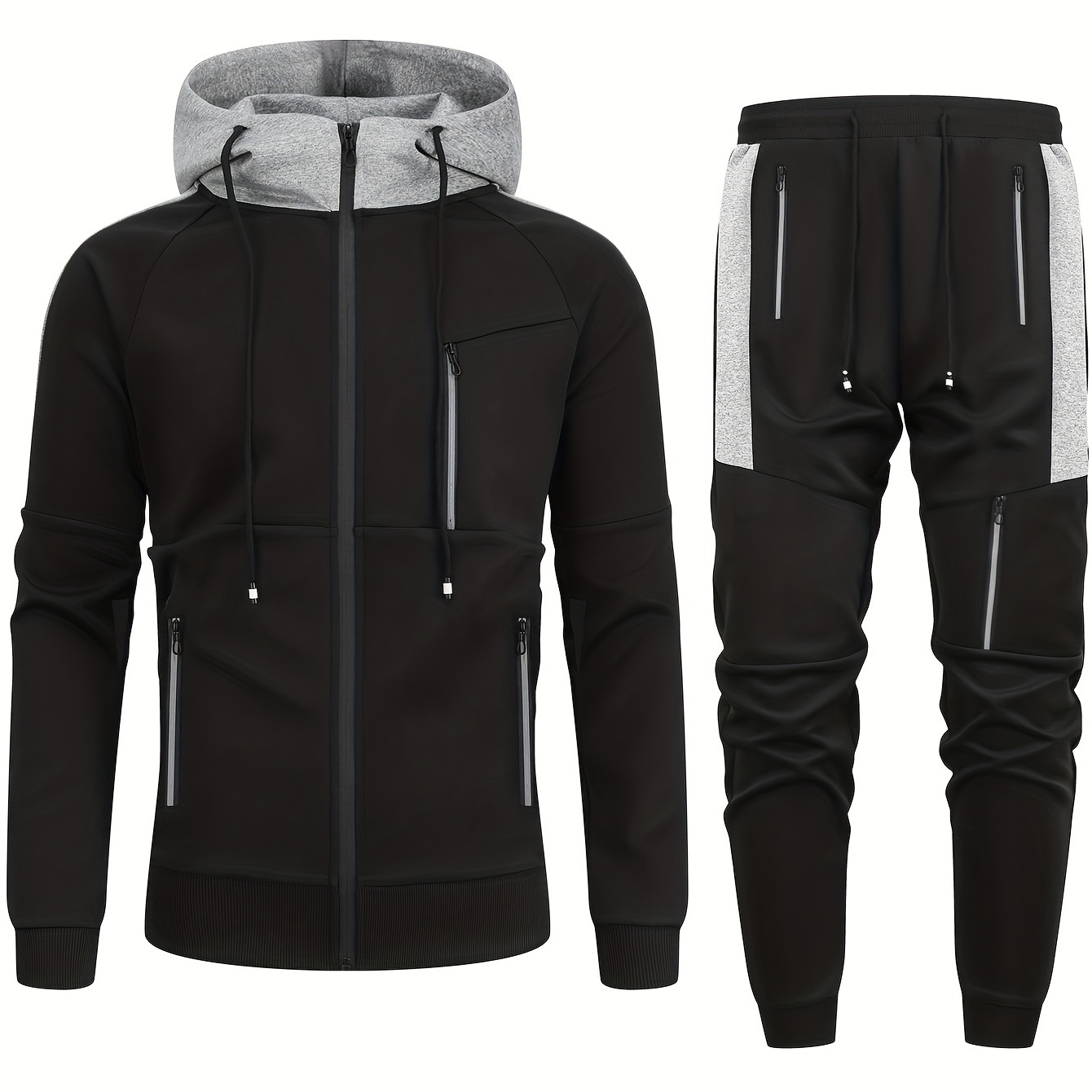 Color Block Classic Men's Athletic 2Pcs Tracksuit Set Casual Full-Zip Sweatsuits Long Sleeve Hoodie And Jogging Pants Set For Gym Workout Running