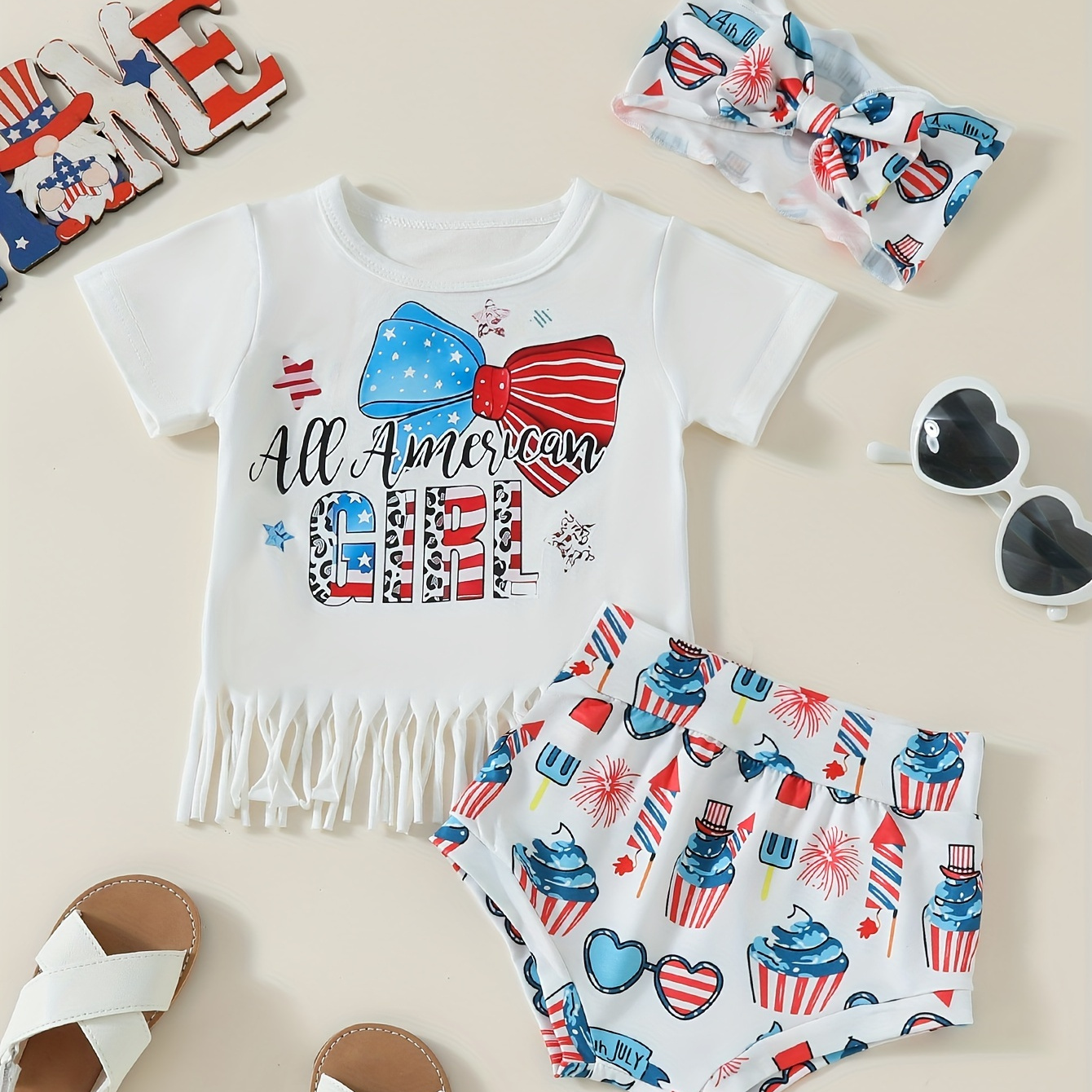 

American Style 2pcs Set, Crew Neck Tassel Hem Design T-shirt + Shorts Set For Baby Girls Infants Independence Day Party Gift, Kids' Clothes