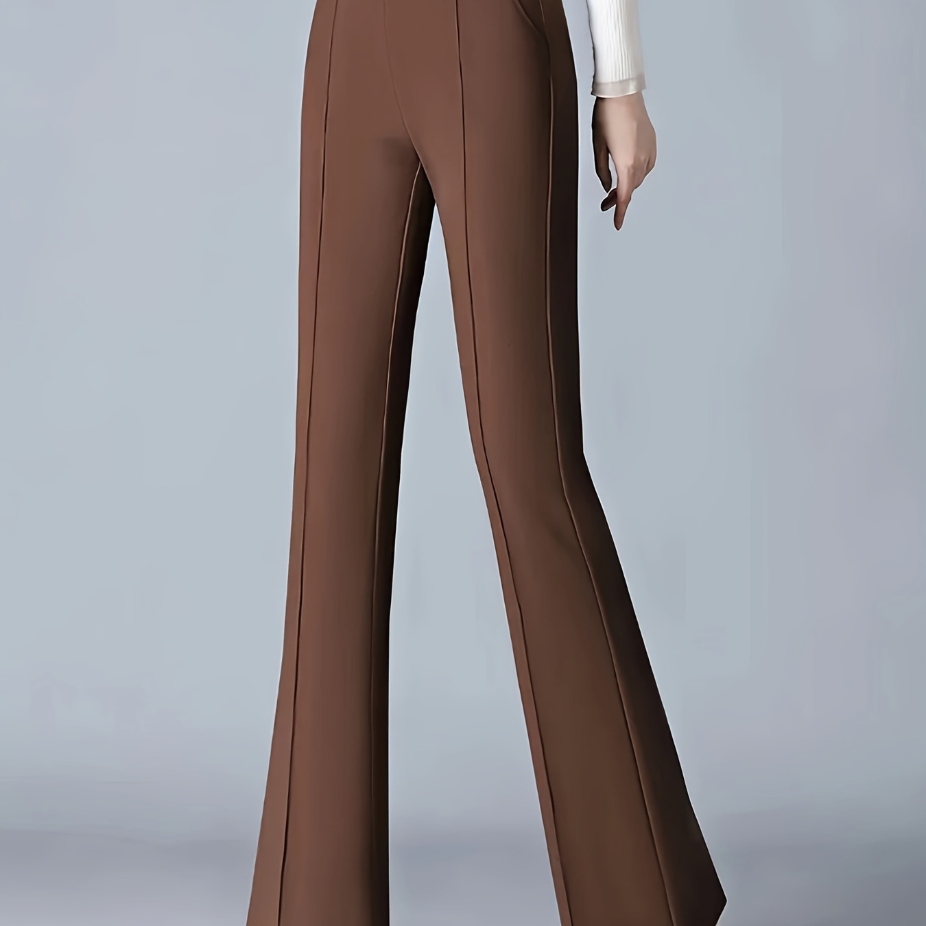 

Solid Color Flare Leg Pants, Elegant Patch Decor High Waist Slant Pockets Pintuck Pants For Work & Office, Women's Clothing