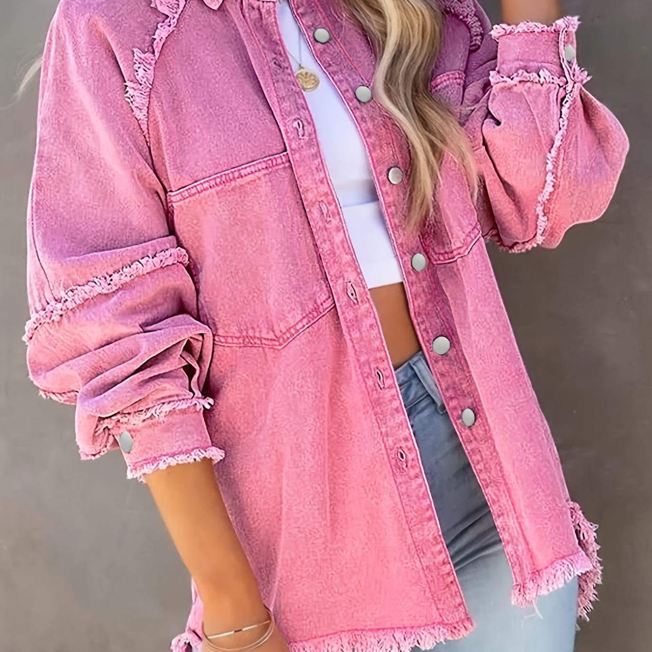 

Women's Plain Pastel Color Denim Jacket, Casual Hem, Button-up Jean Outerwear With Pockets