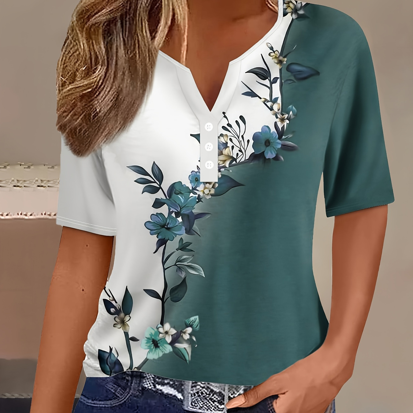 

Floral Print Color Block T-shirt, Vintage Notched Neck T-shirt For Spring & Summer, Women's Clothing