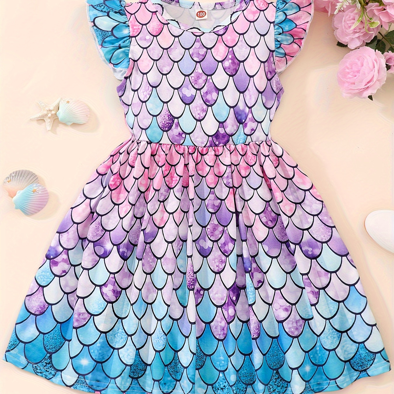 

Gradient Fish Scale Print Flutter Trim Dress For Girls Summer Holiday Party