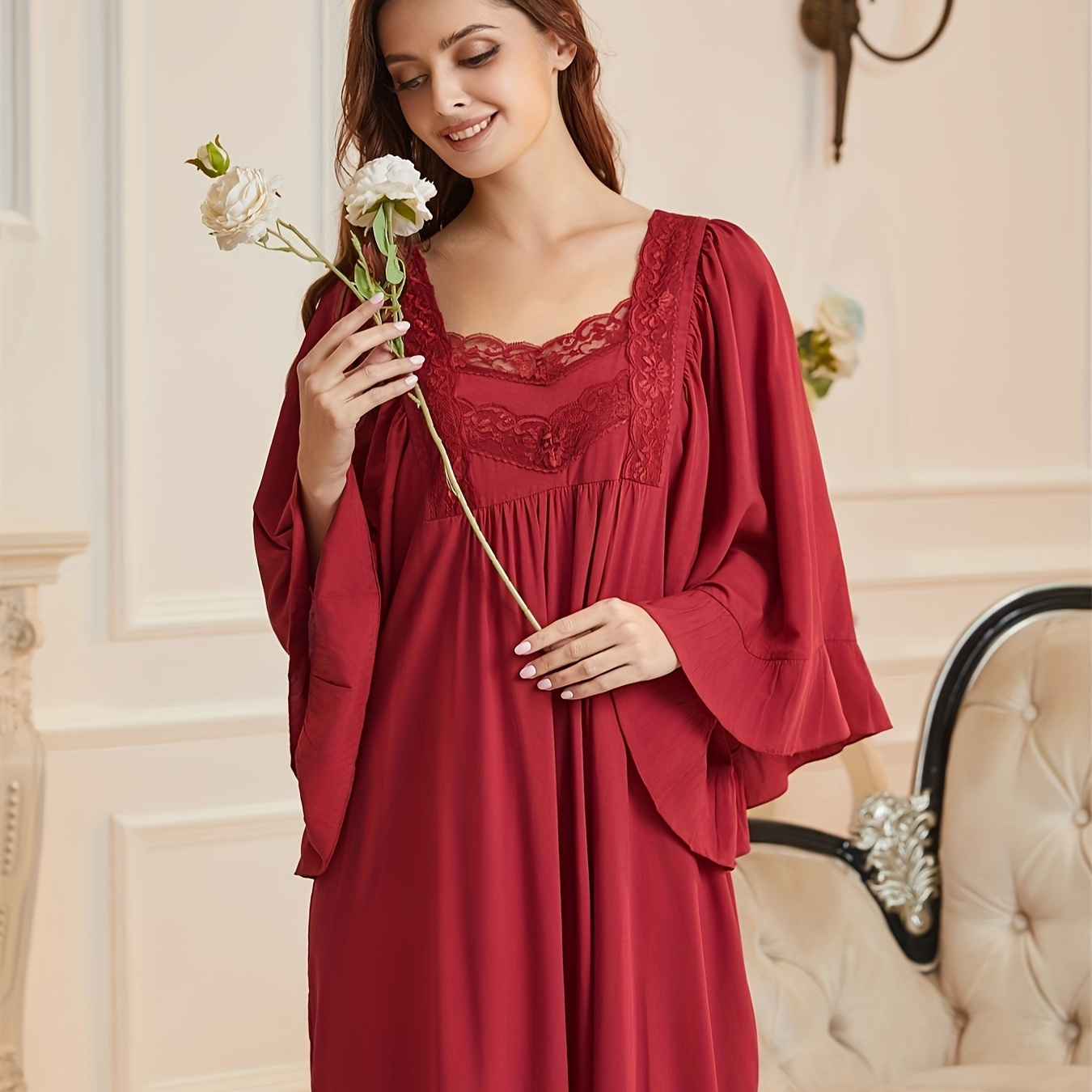 

Retro Solid Contrast Lace Nightgown, 3 Quarter Flutter Sleeve Square Neck Loose Fit Ruffle Hem Maxi Dress, Women's Sleepwear