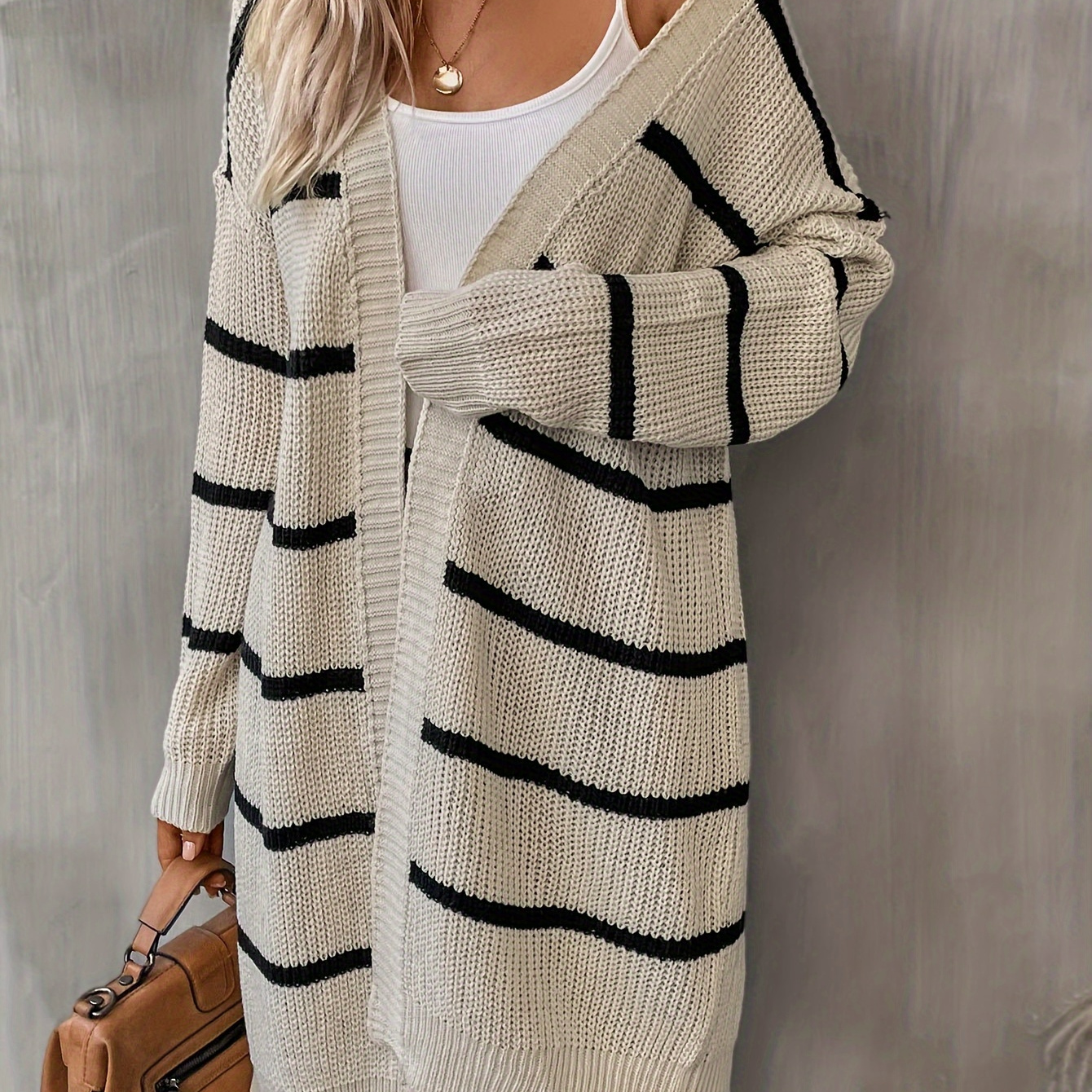 

Striped Open Front Drop Shoulder Cardigan, Casual Long Sleeve Cardigan For Fall & Winter, Women's Clothing