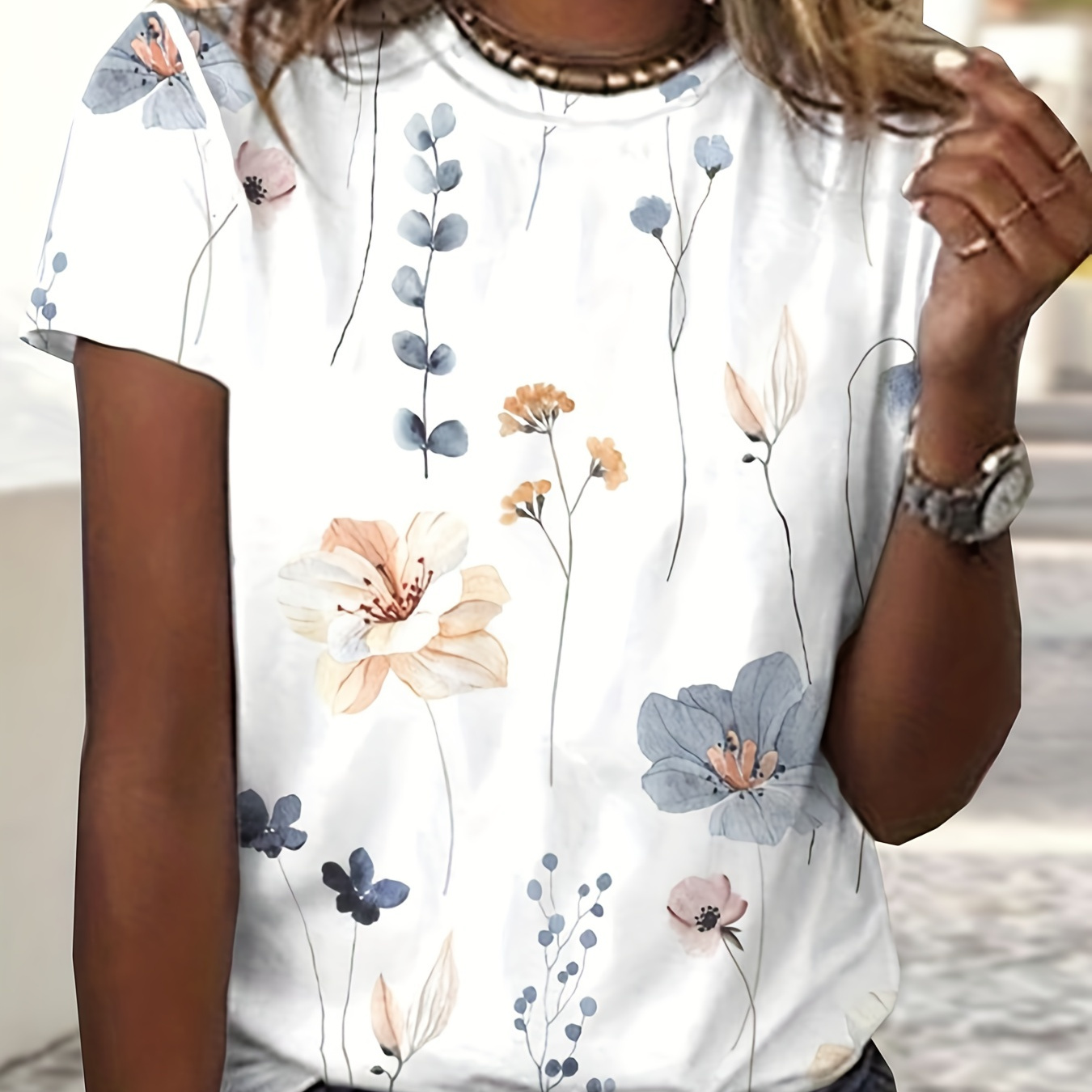 

Floral Print Crew Neck T-shirt, Casual Short Sleeve T-shirt For Spring & Summer, Women's Clothing