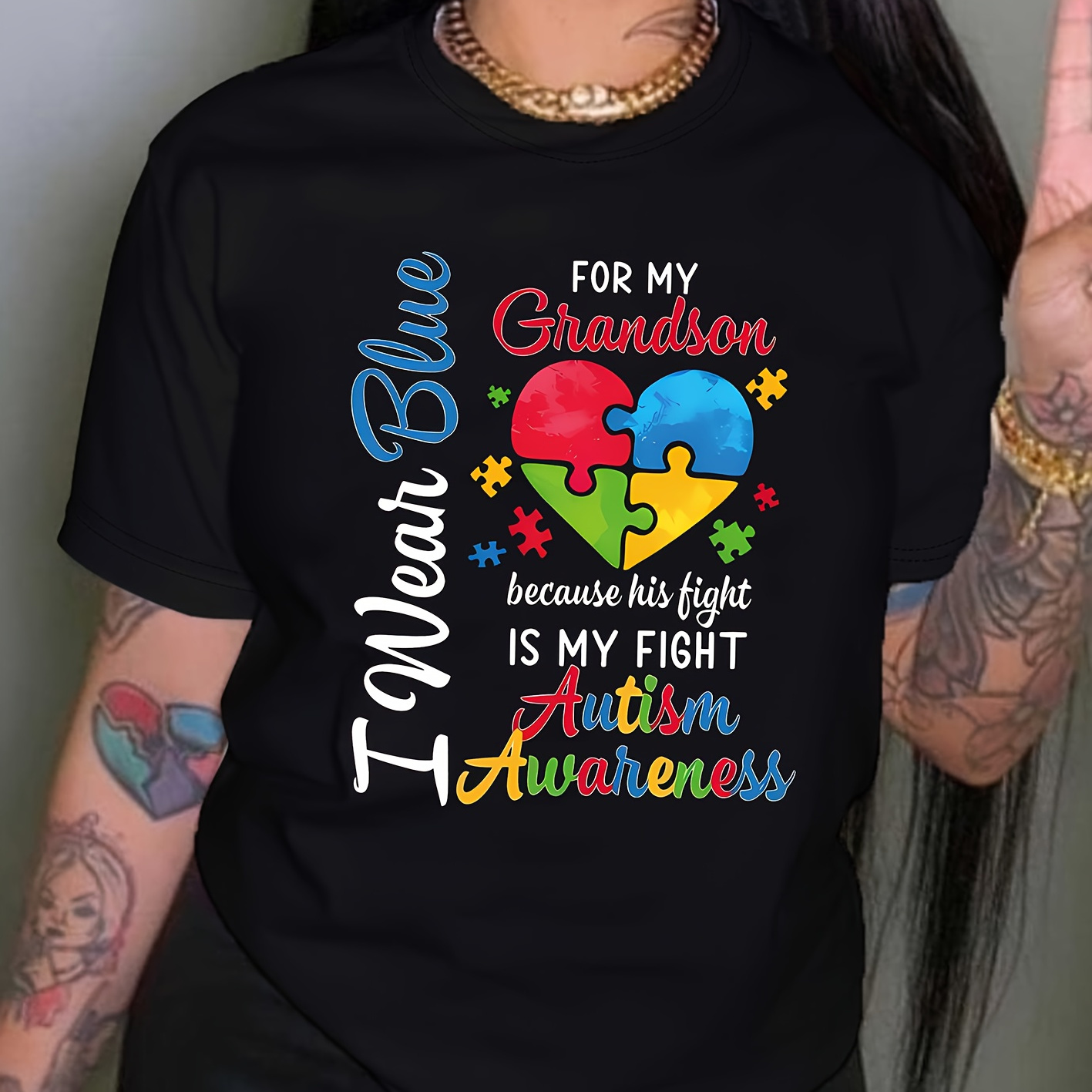 

Autism Awareness Support T-shirt For Women, Casual Round Neck, Short Sleeve, Pullover Tee With Puzzle Piece Graphic Design