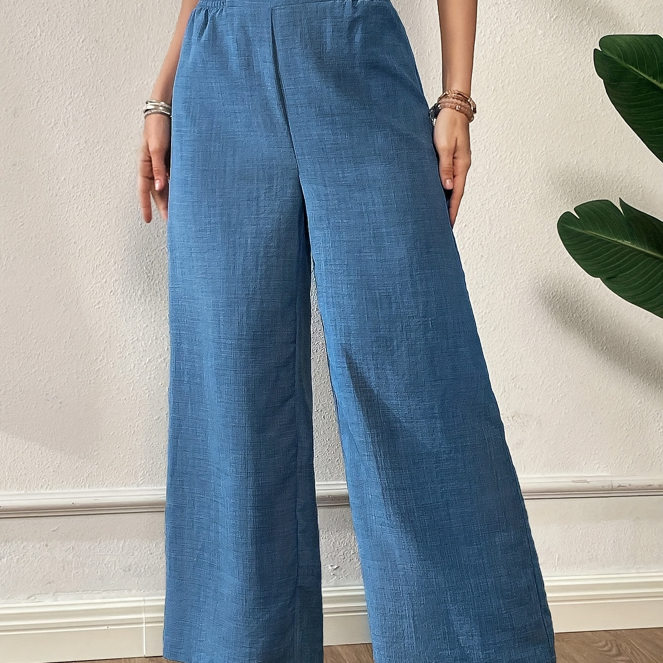 

[elegant Wide Leg Pants] Elegant Wide Leg Pants For Women, 100% Polyester, Solid Color, Shirred Waist, Woven Lightweight Trousers For Spring/summer/fall