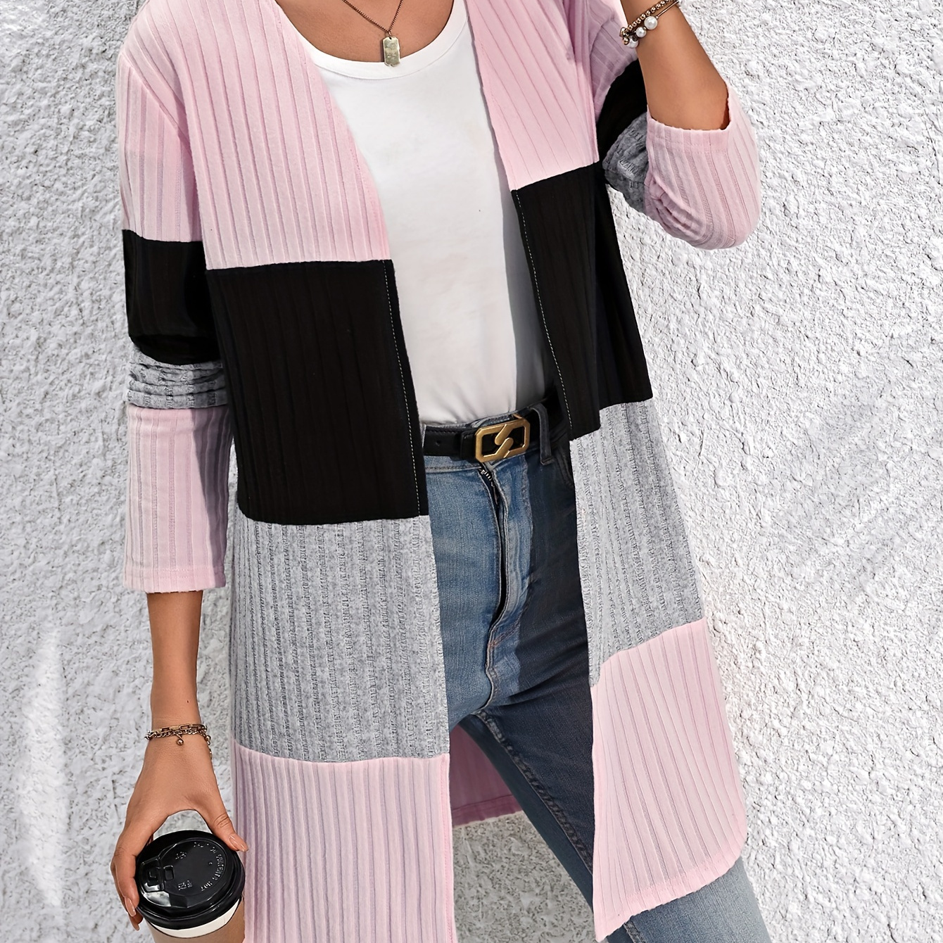 

Ribbed Colorblock Open Front Cardigan, Casual Long Sleeve Cover Up Cardigan, Women's Clothing