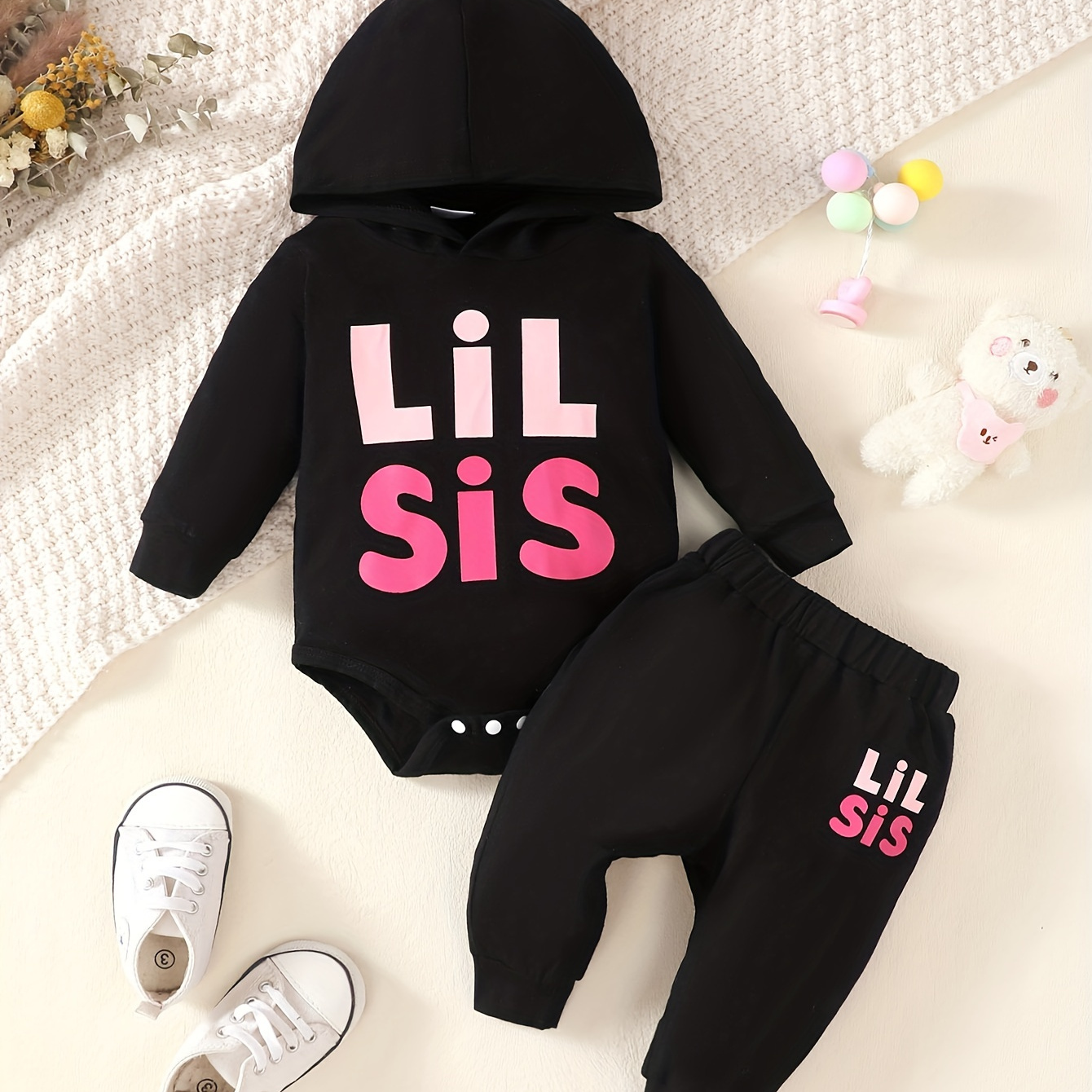 

2pc Lovely Baby Girls Spring＆autumn Long Sleeve Hooded Sweatshirt, " Lil Sis " Letter Print Cute Coat + Solid Color Trouser Romper Clothes Set For Infants
