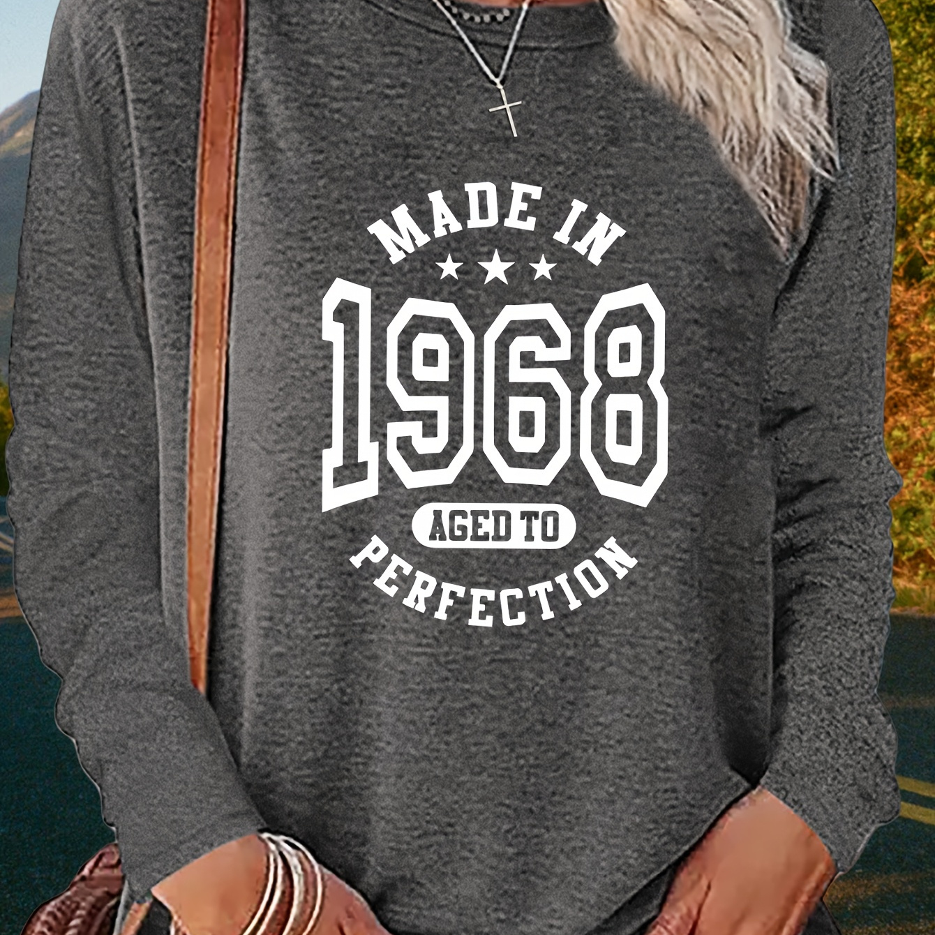 

Women's Long Sleeve Crew Neck T-shirt, Casual Polyester Knit Fabric Top, Regular Fit, With Made In 1968 Aged To Graphic, With Name Applique Design, For All