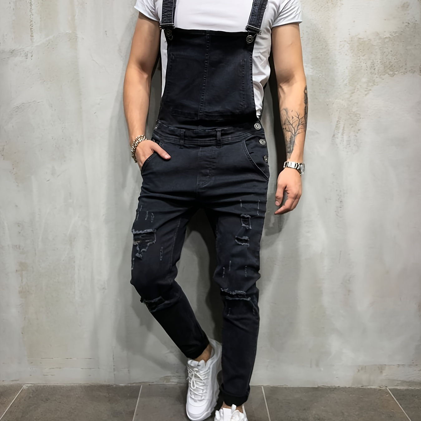 

Men's Solid Slim Fit Denim Overalls, Street Style Stylish Causal Jumpsuit