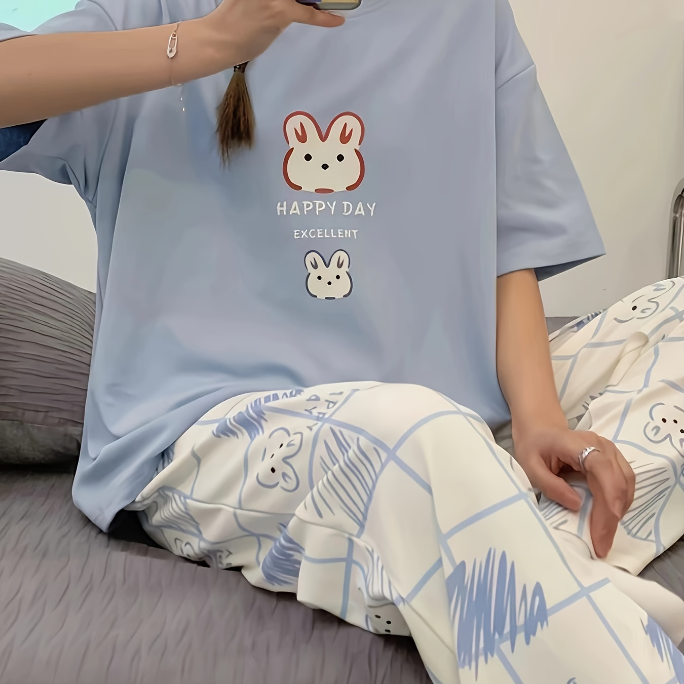 

Women's Cute Bunny & Grid Print Loose Fit Pajama Set, Short Sleeve Round Neck Top & Pants, Comfortable Relaxed Fit