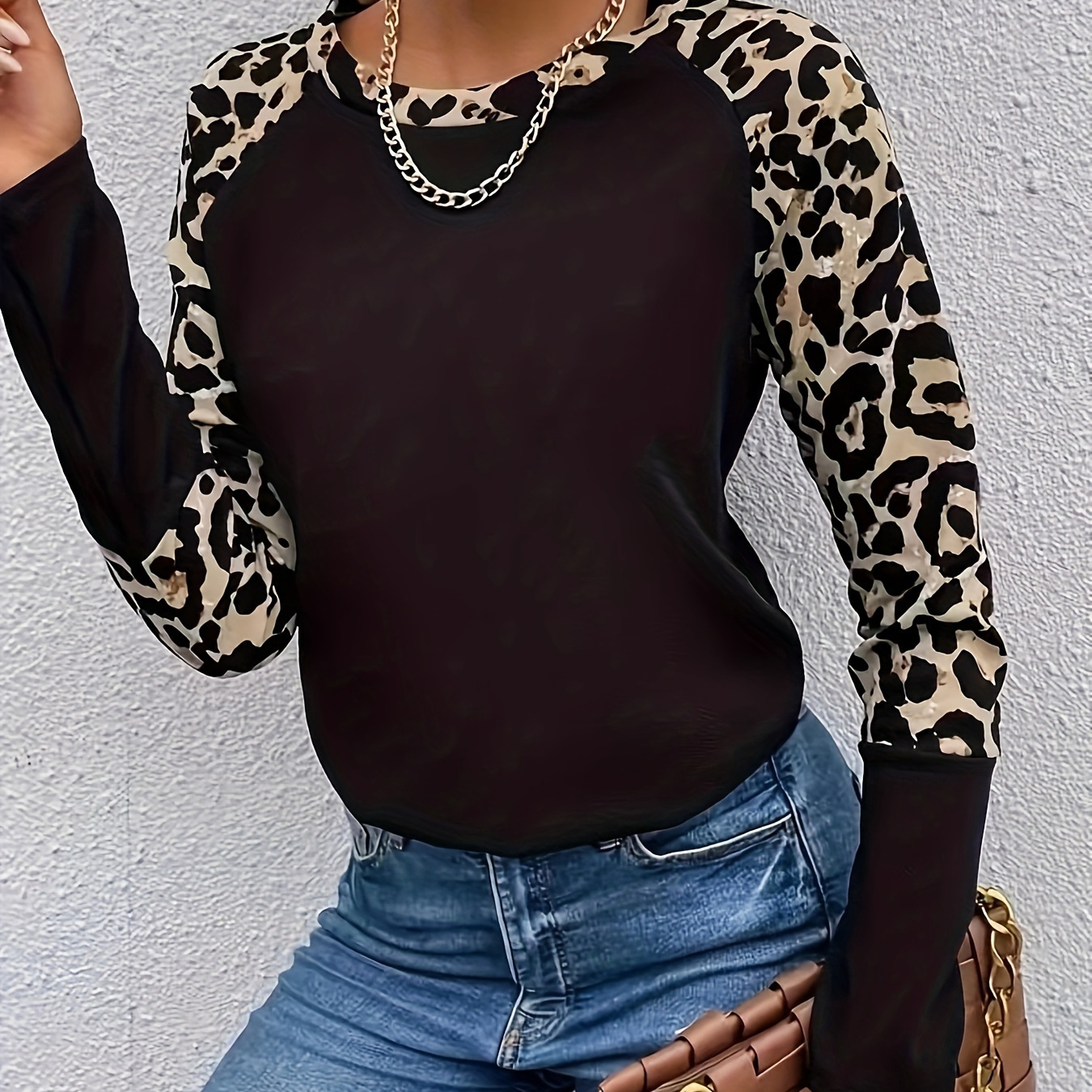 

Leopard Print Splicing Crew Neck T-shirt, Casual Long Sleeve Top For Spring & Fall, Women's Clothing
