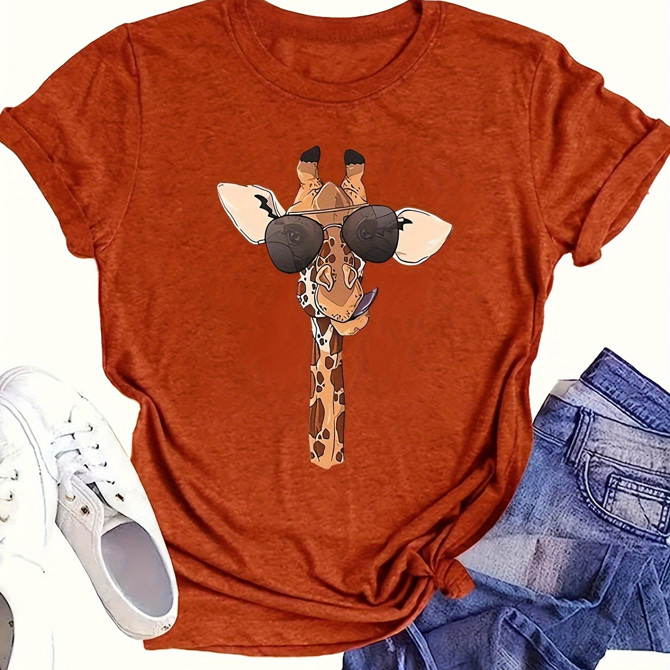 

T-shirt Imprimé Lunettes Girafe, Haut Décontracté À Manches Courtes Et Col Rond, Vêtements Pour Femmes