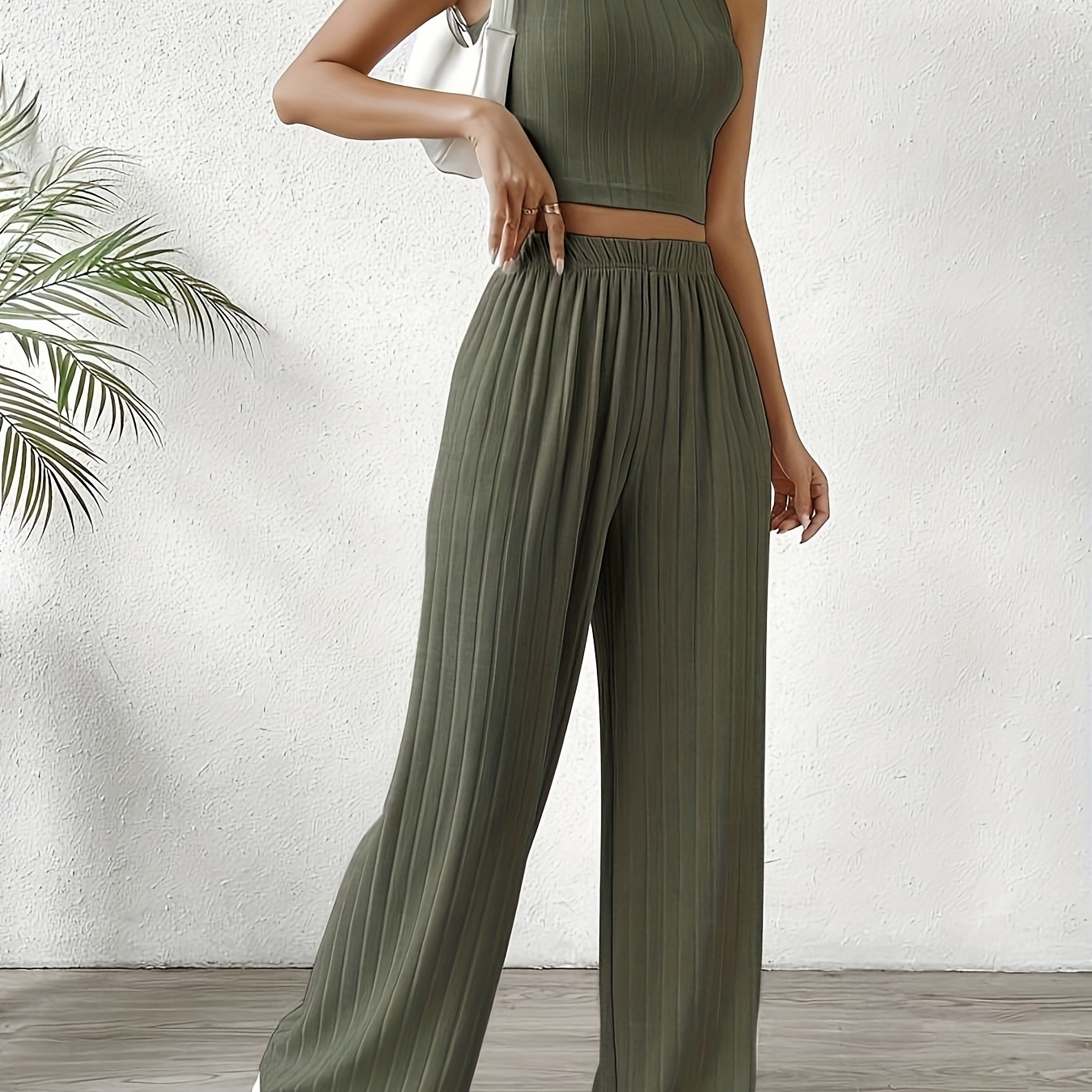 

Solid Ribbed Casual Pantsuits, Crew Neck Sleeveless Slim Crop Tank Top & Elastic High Waist Wide Leg Pants Outfits, Women's Clothing