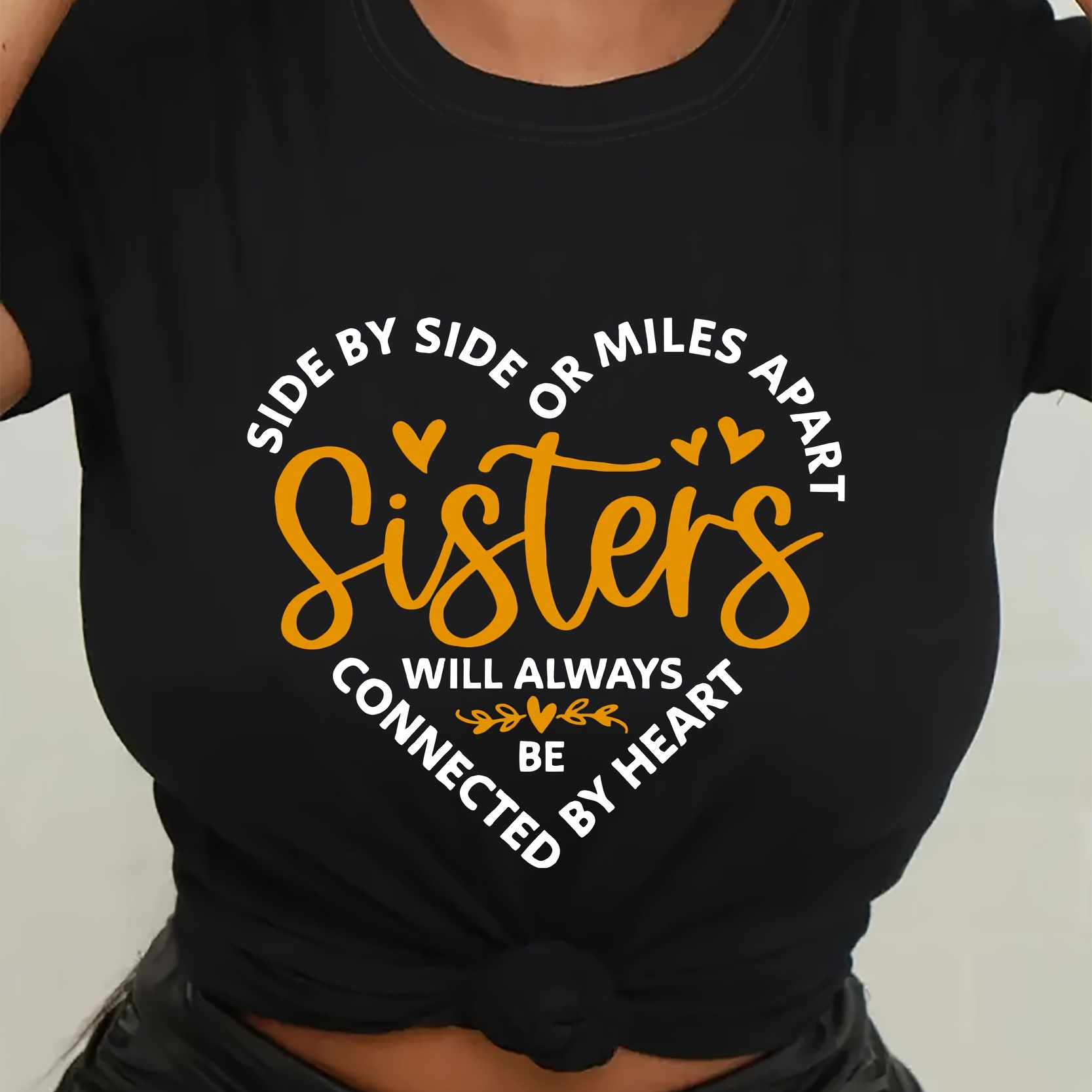 

Sisters Print T-shirt, Vintage Short Sleeve Crew Neck Top For Spring & Summer, Women's Clothing