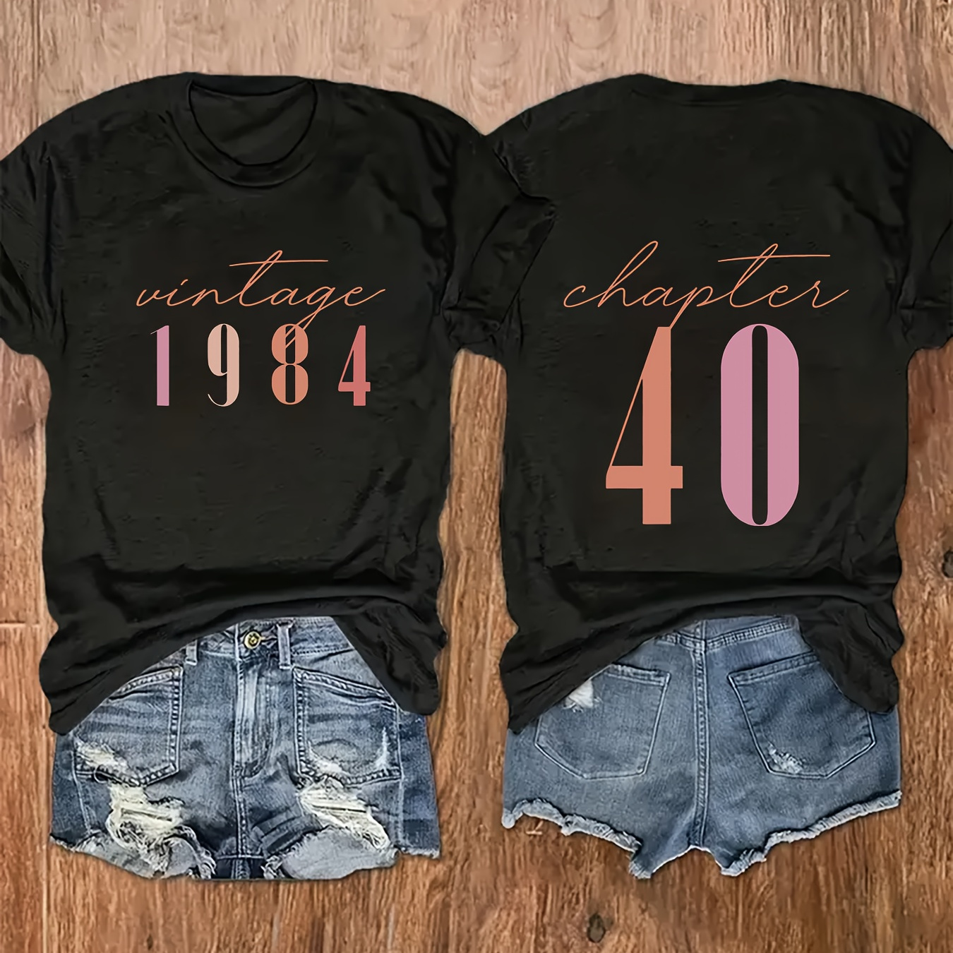 

Vintage 1984 40 Graphic T-shirt For Women, Casual Crew Neck, Polyester Knit Fabric, Regular Length, Alphabet Pattern, For Summer Wear