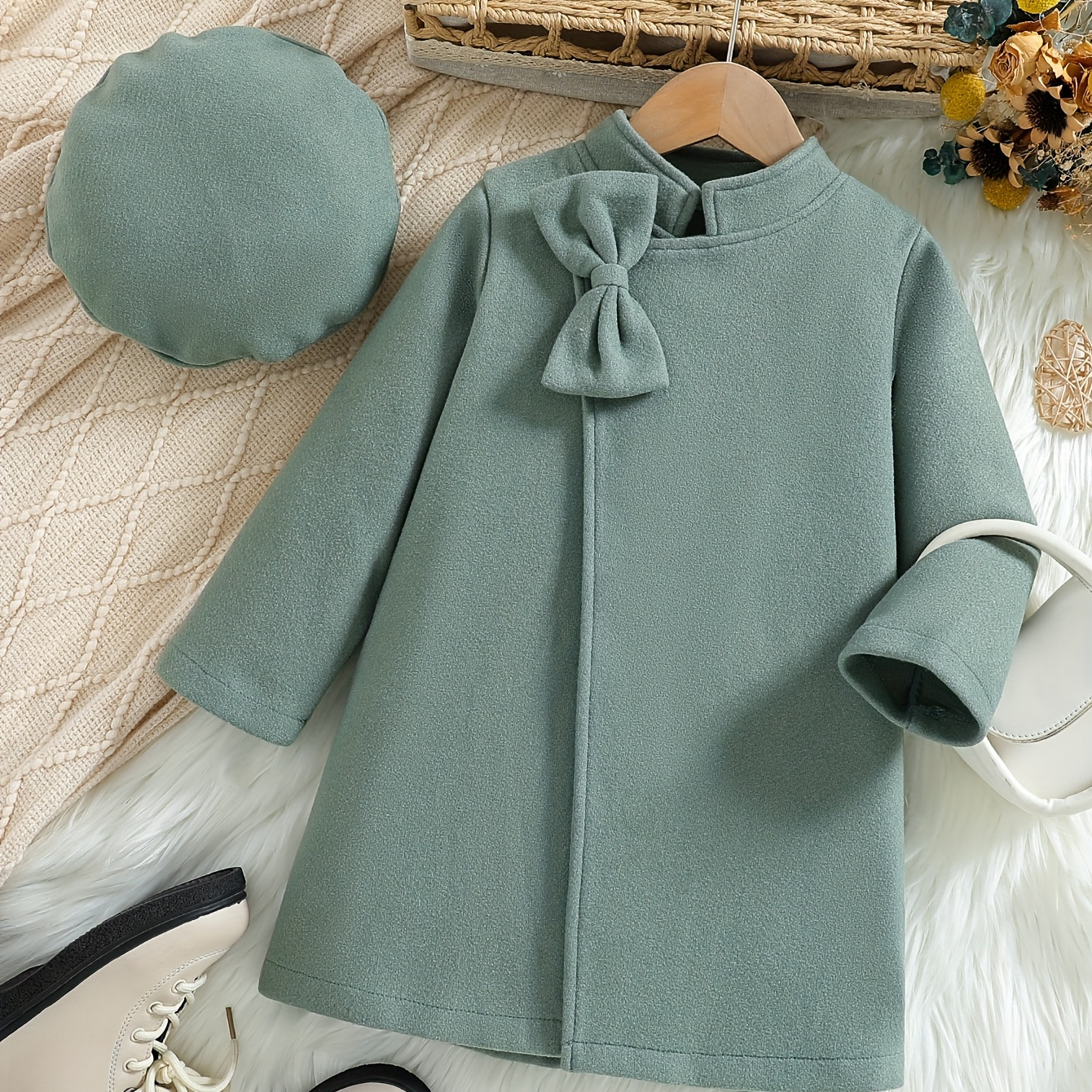 

Kid Girls Woolen Coat 2pcs Outfit Bow Front Band Collar Long Sleeve Warm Jacket With Hat Set For Autumn And Winter