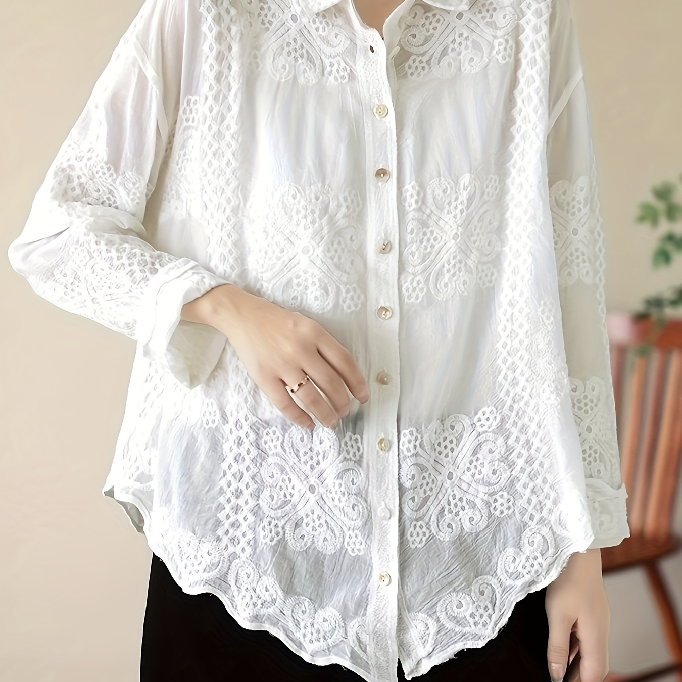 

Asymmetric Hem Button Front Blouse, Casual Long Sleeve Blouse For Spring & Fall, Women's Clothing