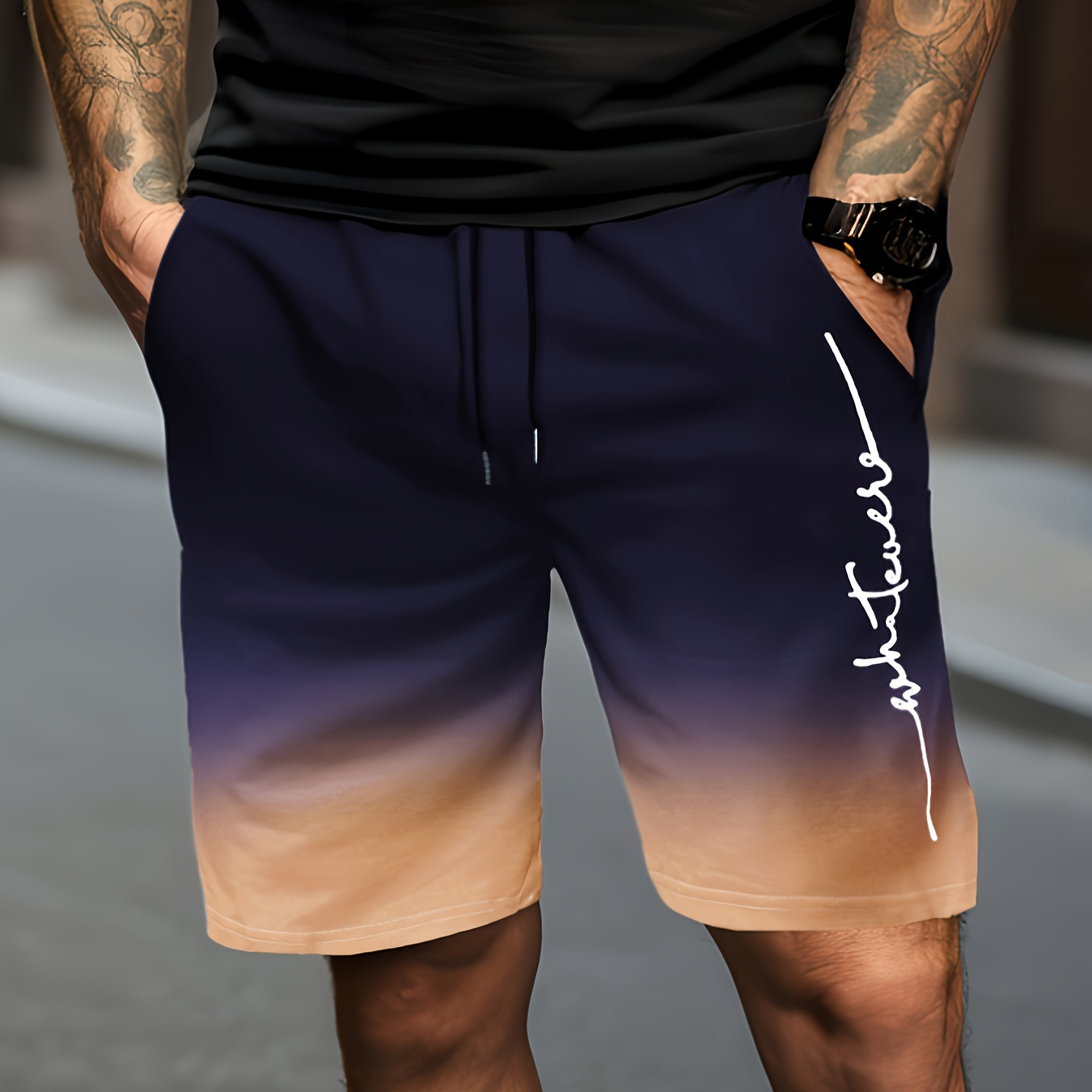 

Men's Gradient Color And Alphabet Print "whatever" Shorts With Drawstring And Pockets, Casual And Chic Shorts For Summer Outdoors Activities And Vacation