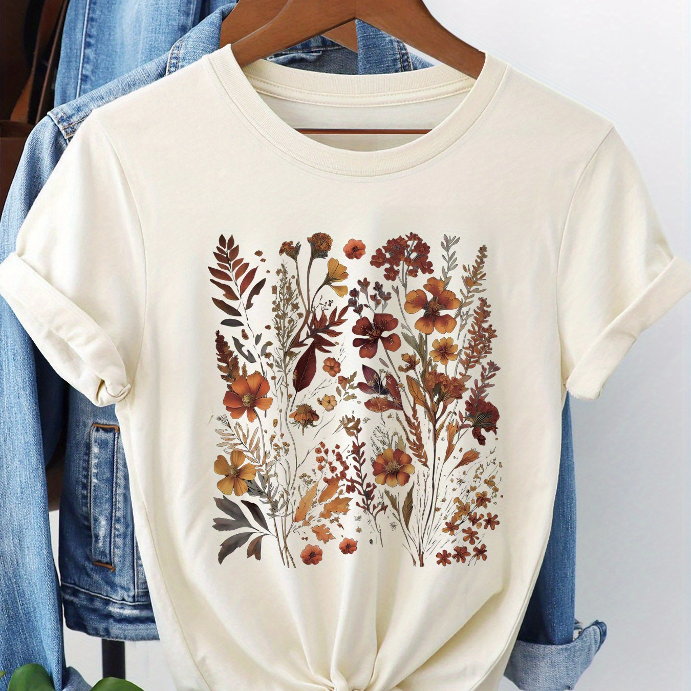 

T-shirt à imprimé floral, haut décontracté à manches courtes et col rond pour l'été et le printemps, vêtements pour femmes