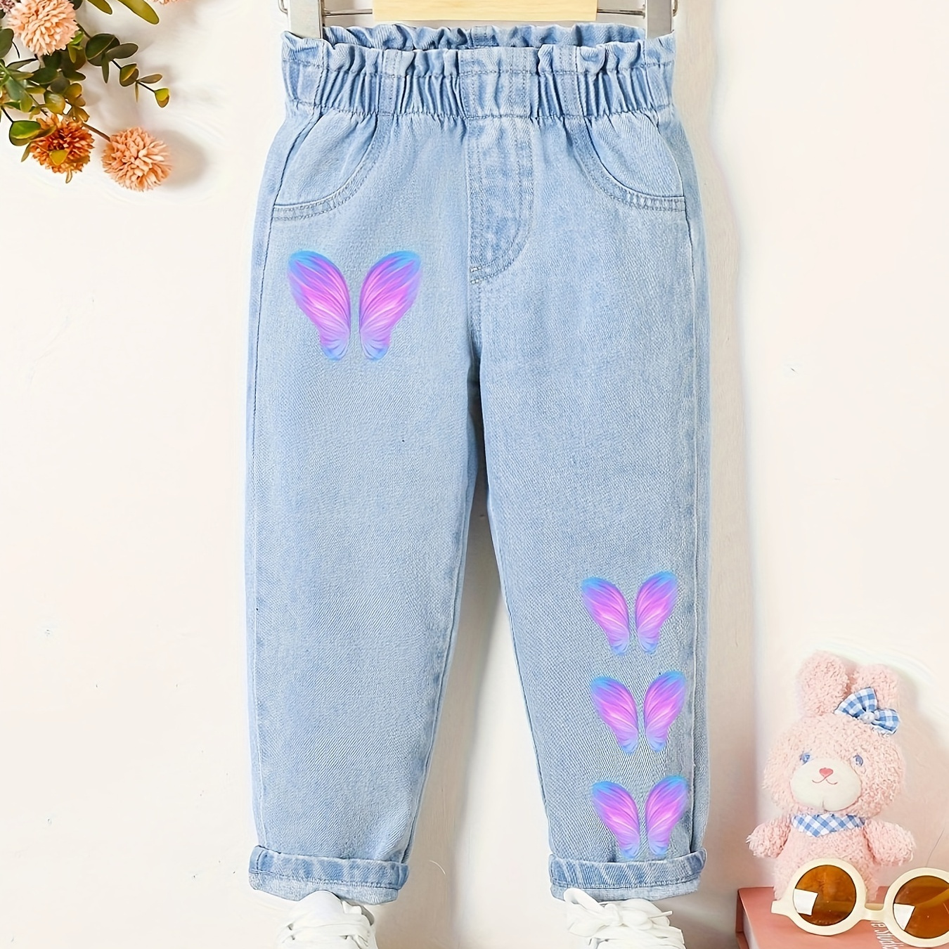 

Girls Cute Tapered Jeans With Butterflies Print, Fashion Loose Denim Trousers For Daily