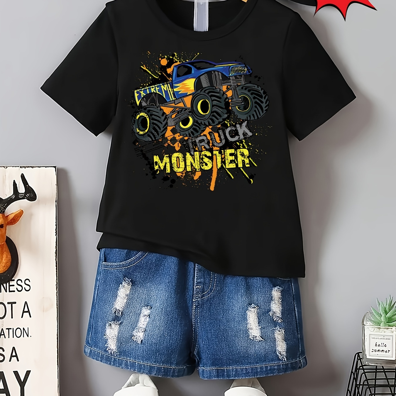 

Boys Casual Comfy Summer Short Sleeve Crew Neck T-shirt - Monster Truck Cartoon Graphic Trendy Summer Gift