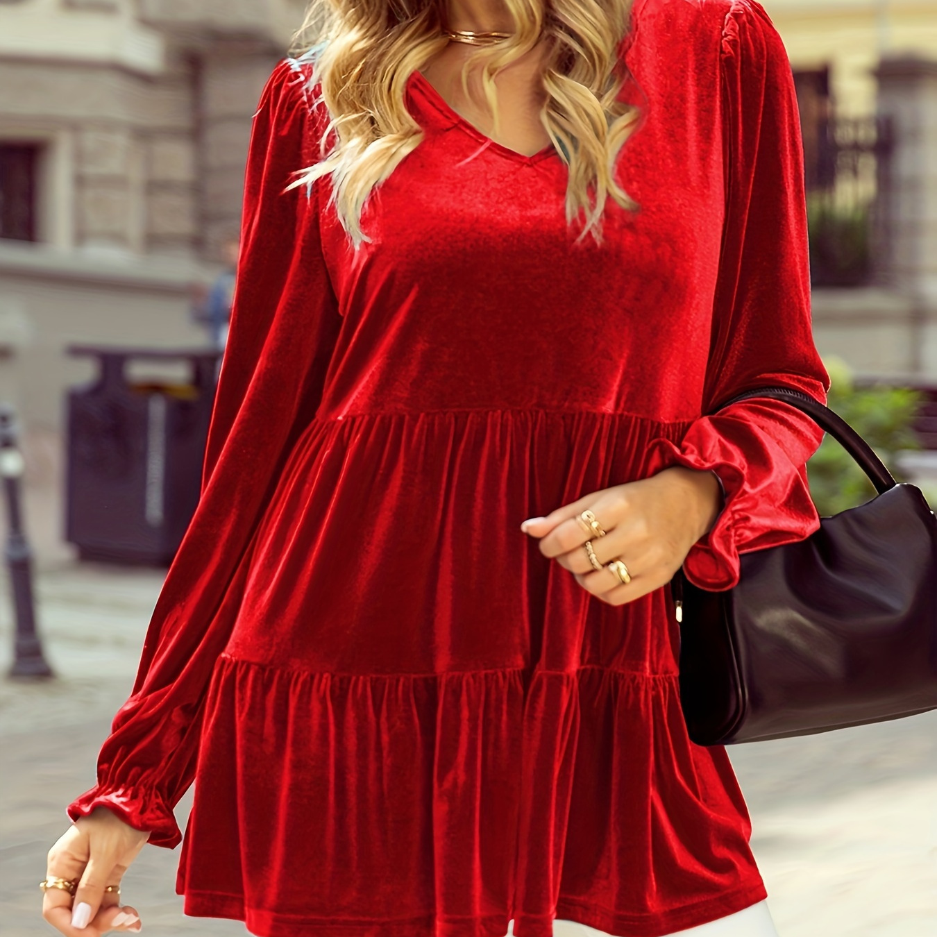 

Size V-neck Blouse With Lantern Sleeves - Solid Color, Stretchy Polyester & Spandex , Machine Washable - All