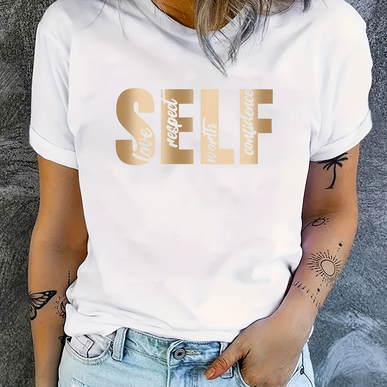 

Self Letter Graphic Short Sleeves Casual Tops, Fashion Round Neck Sports T-shirts, Women's Activewear Graphic