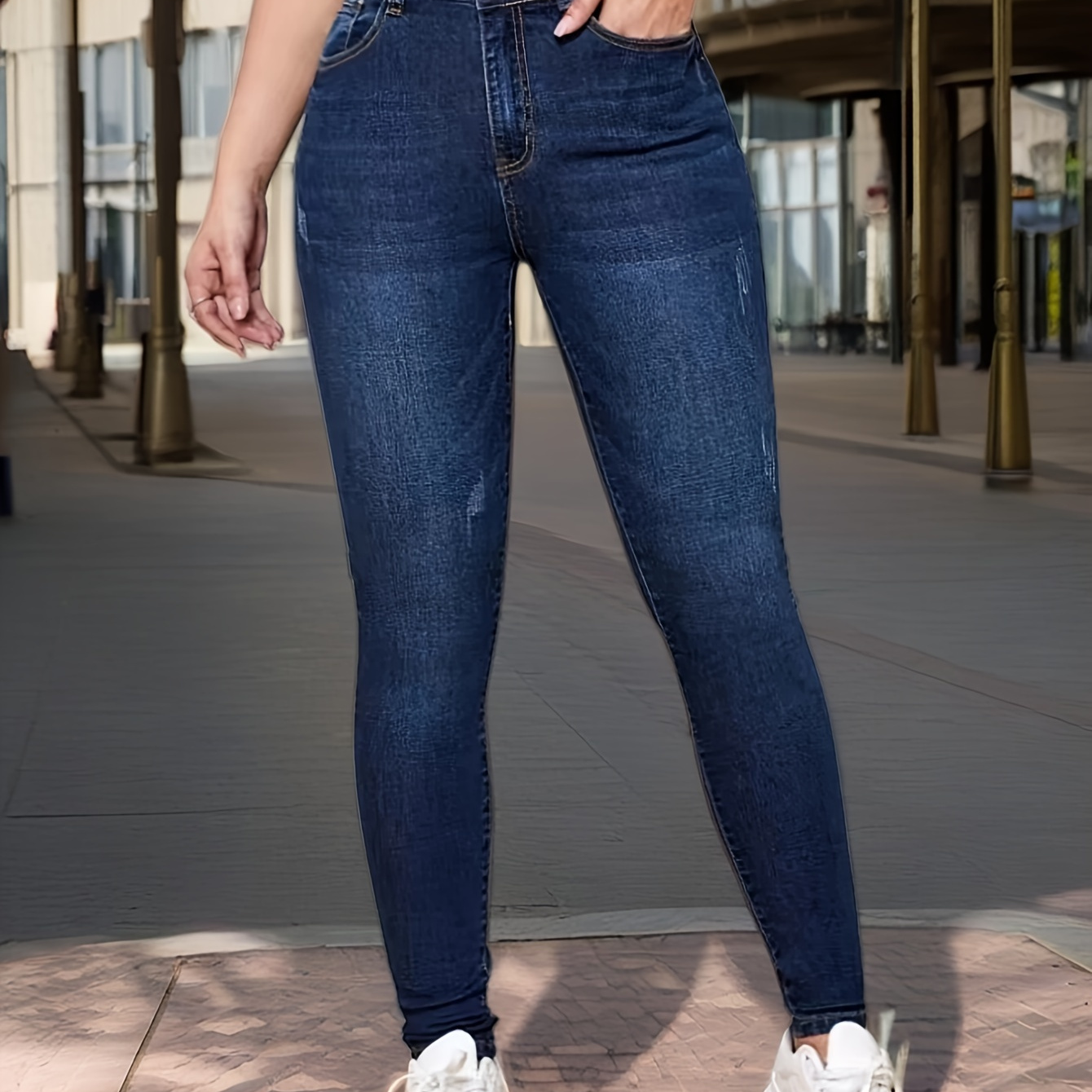 

Elegant High Stretch Skinny Jeans For Women, Cotton , Solid Color, Raw Wash Detail, Woven Denim Pants