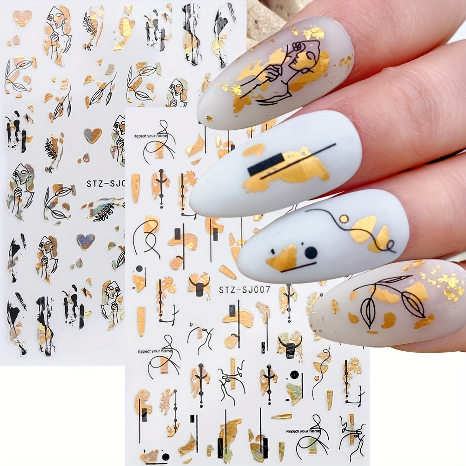 

Holographic Nail Art Stickers - 3d Laser Golden & Black Leaves, Hearts & Lines | Self-adhesive Decals For Diy Manicure